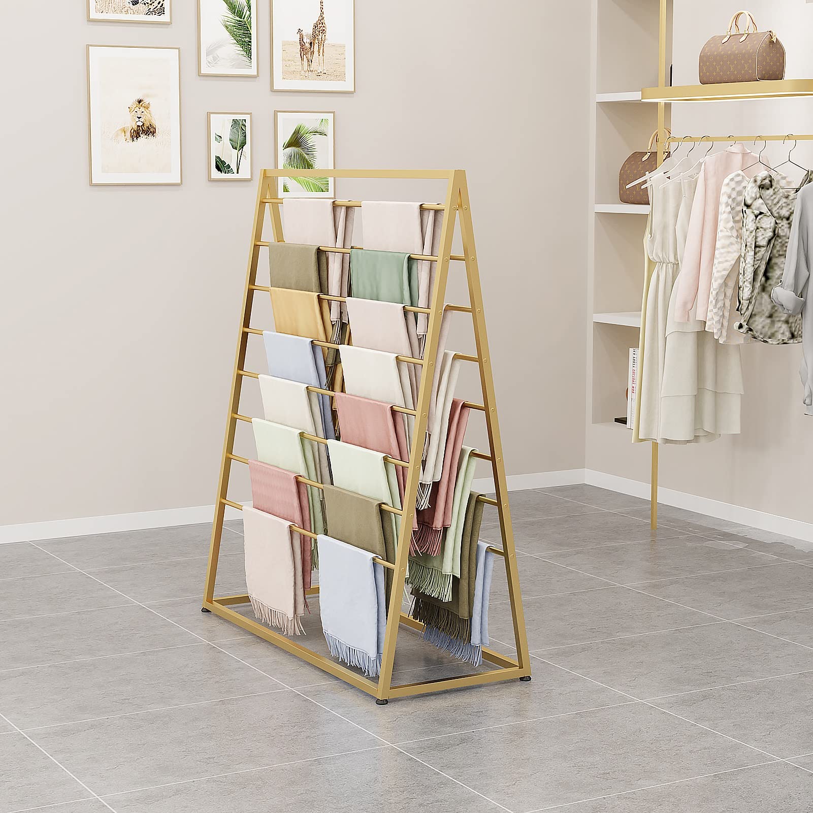 UWYTGF Floor Standing Scarf Holder,Double-Sided Multi-Purpose Collect Rack for Headcloth/Blanket/Ribbon/Shawl,Heavy Duty Iron,with Non-Slip Feet Pads,Gold,Length,120Cm/47.2In