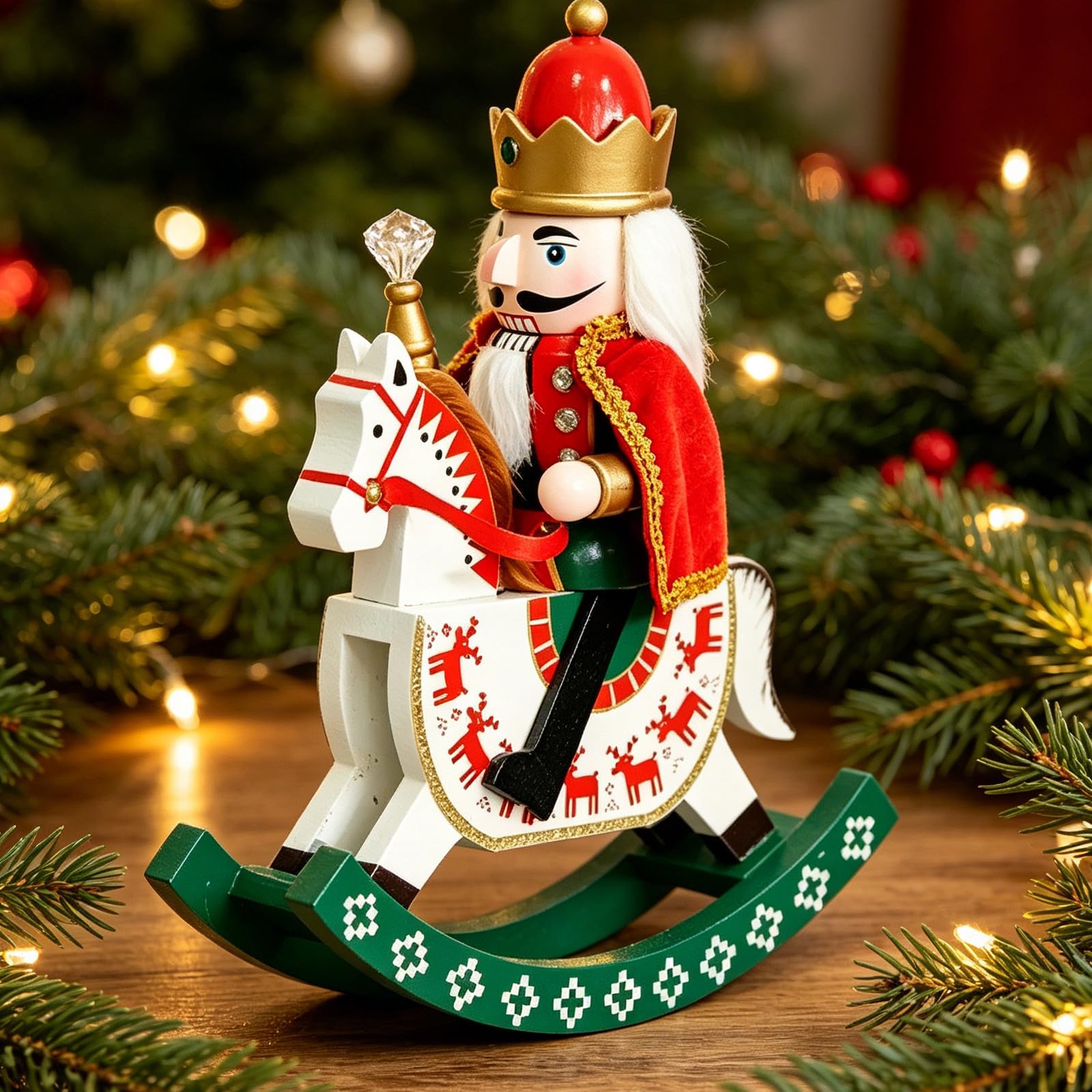 Amosfun Weihnachtliche Holz Nussknacker Figur mit Schaukelpferd Design und Stoffumhang Sanft Schwingend für Vielseitige Dekoration im Festlichen Zuhause