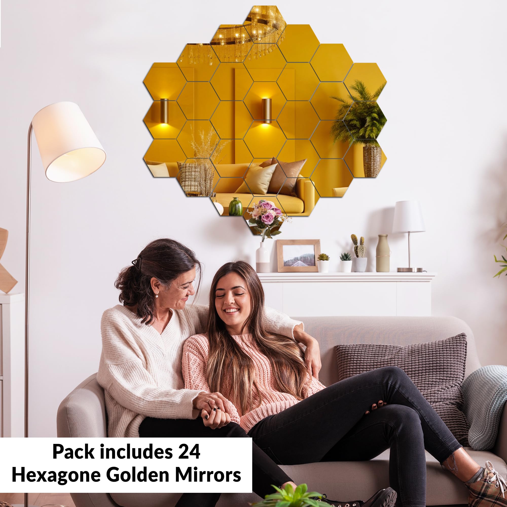 Goelite Hexagonal Mirror with Butterfly Wall Sticker, Glass Stickers for Mosaic Decoration, Acrylic Home Mirror Wallpaper (24 Hexagon Golden) 1