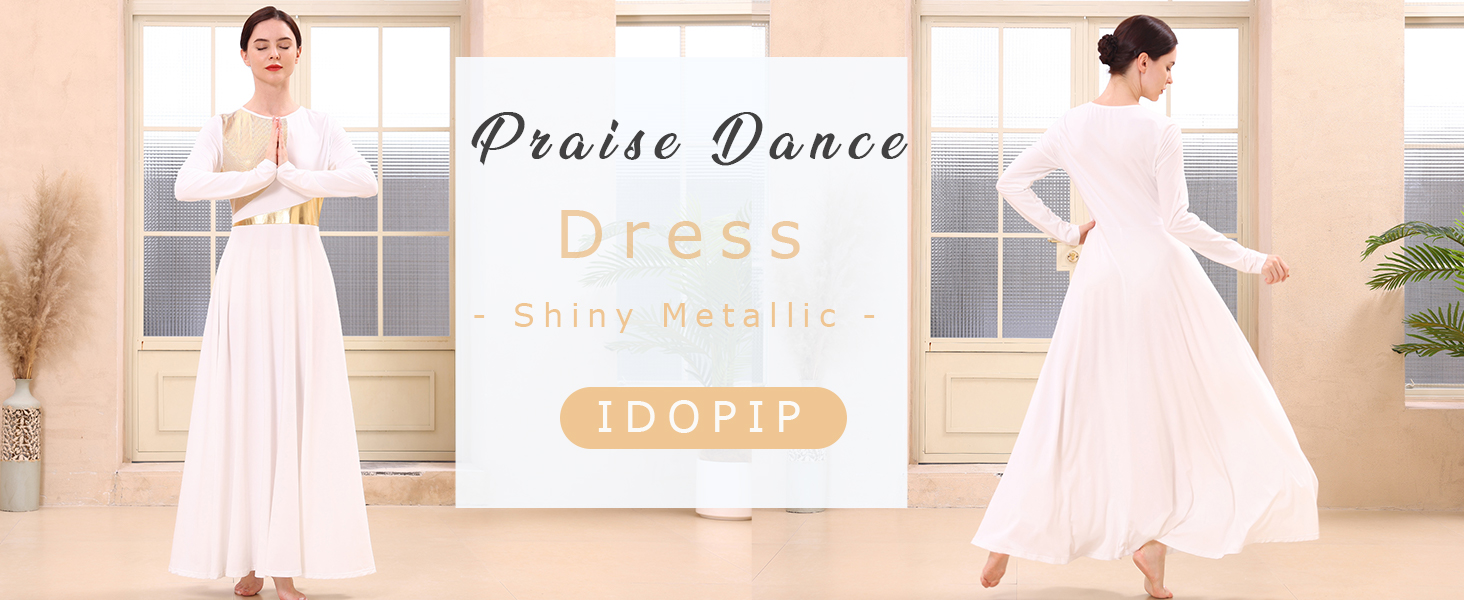 Amazon.com: IDOPIP Praise Dance Dresses for Women Gold Metallic Liturgical  Lyrical Dancewear Long Sleeves Dance Dress Loose Fit Full Length Robe  Ruffle Tunic Skirt Worship Team Dresses Costume Black + Gold S :