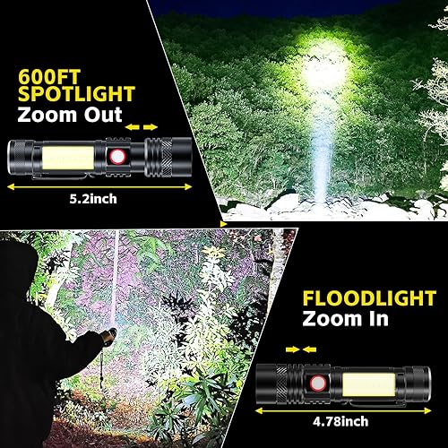 Miniatura 4 de Linterna LED recargable, linternas magnéticas USB con luz lateral de mazorca, pequeñas linternas tácticas, impermeable, zoomable, luz de flash