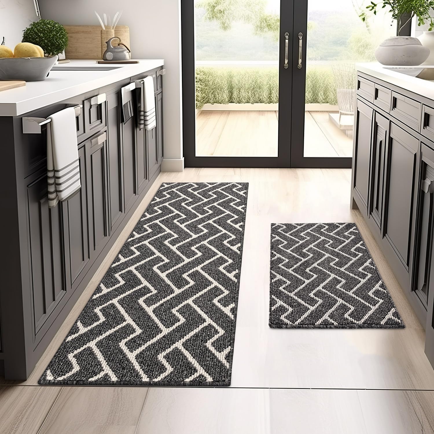 hicorfe Kitchen Rugs and Mats Sets,2 Pieces Super Absorbent Polypropylene Non-Slip Rug,Soft Comfort Floor Mat,Machine Wash for Kitchen,Hallway,Office,Sink,Laundry(20" x 31.5"+20" x 59",Black)