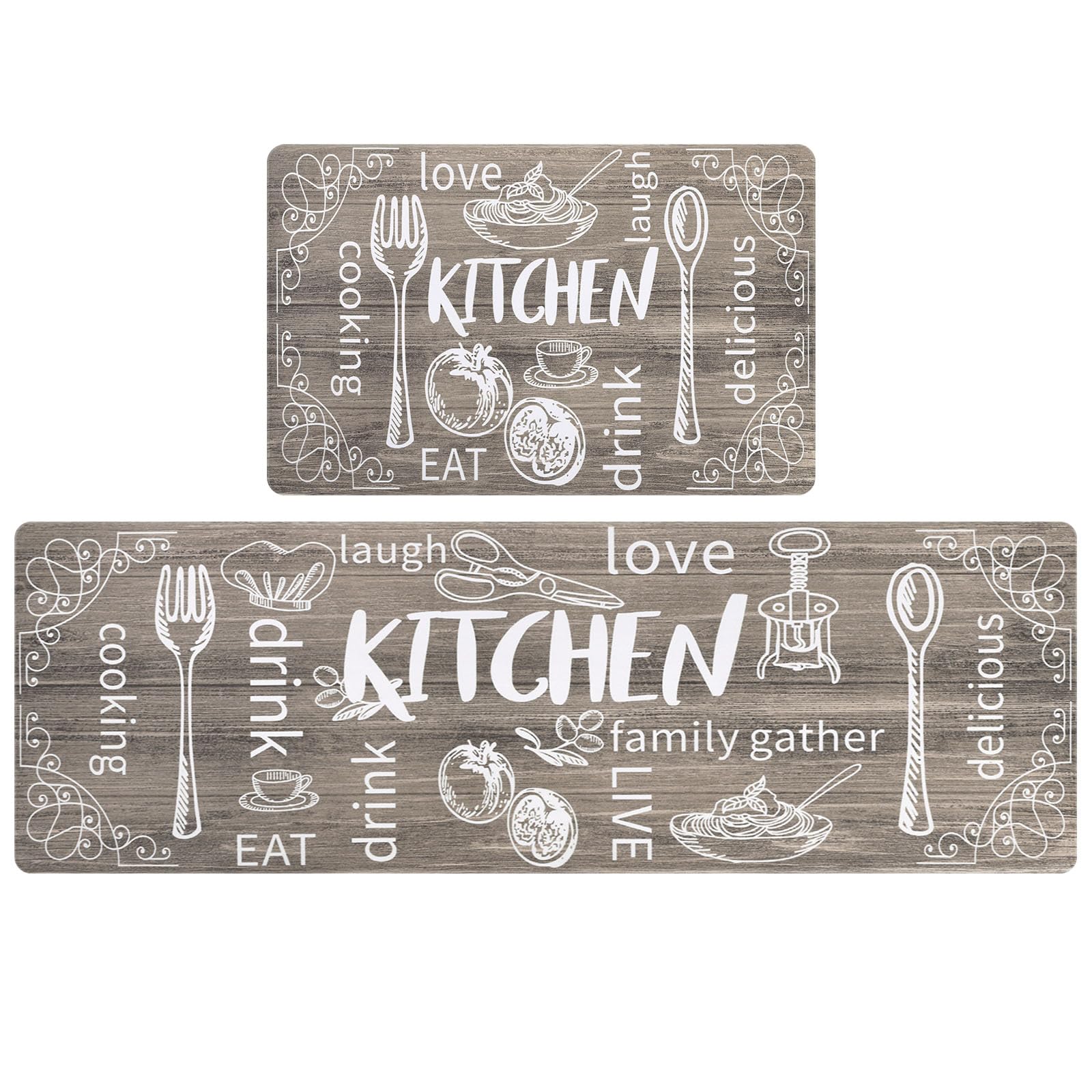 HEBE Anti Fatigue Kitchen Rug Set of 2 Non Slip Cushioned Kitchen Mats for Floor Waterproof Comfort Kitchen Rugs and Mats Farmhouse Chef Mats Floor Carpet for Sink,Laundry Room,Brown