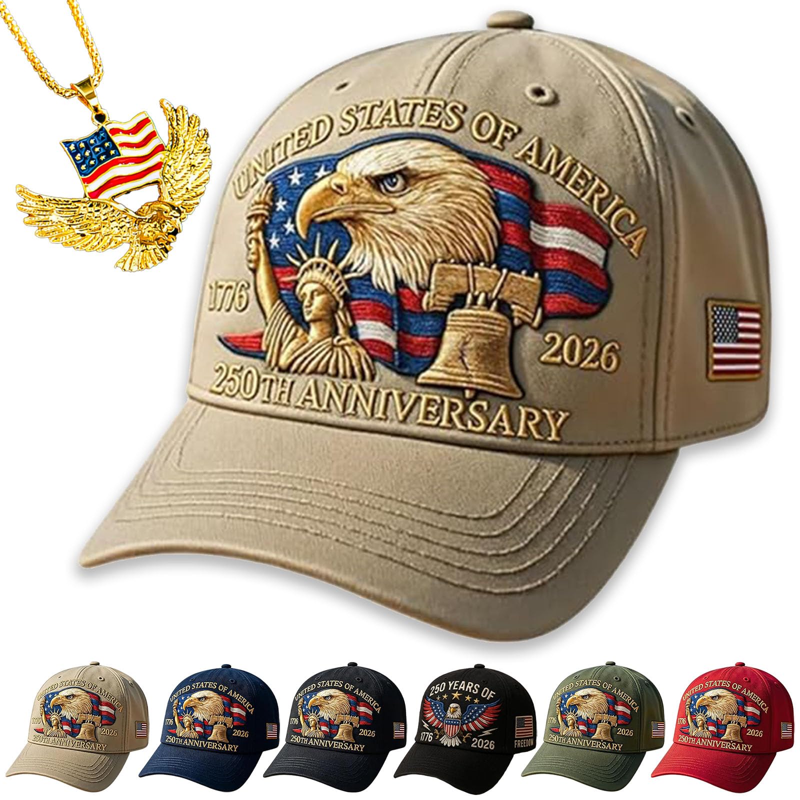 NNBWLMAEE 250 Anniversary USA Hat - Bald Eagle Printed, Marine Corps 250th Anniversary Hat, Adjustable Retro Washed Cap, Men & Women (Khaki)