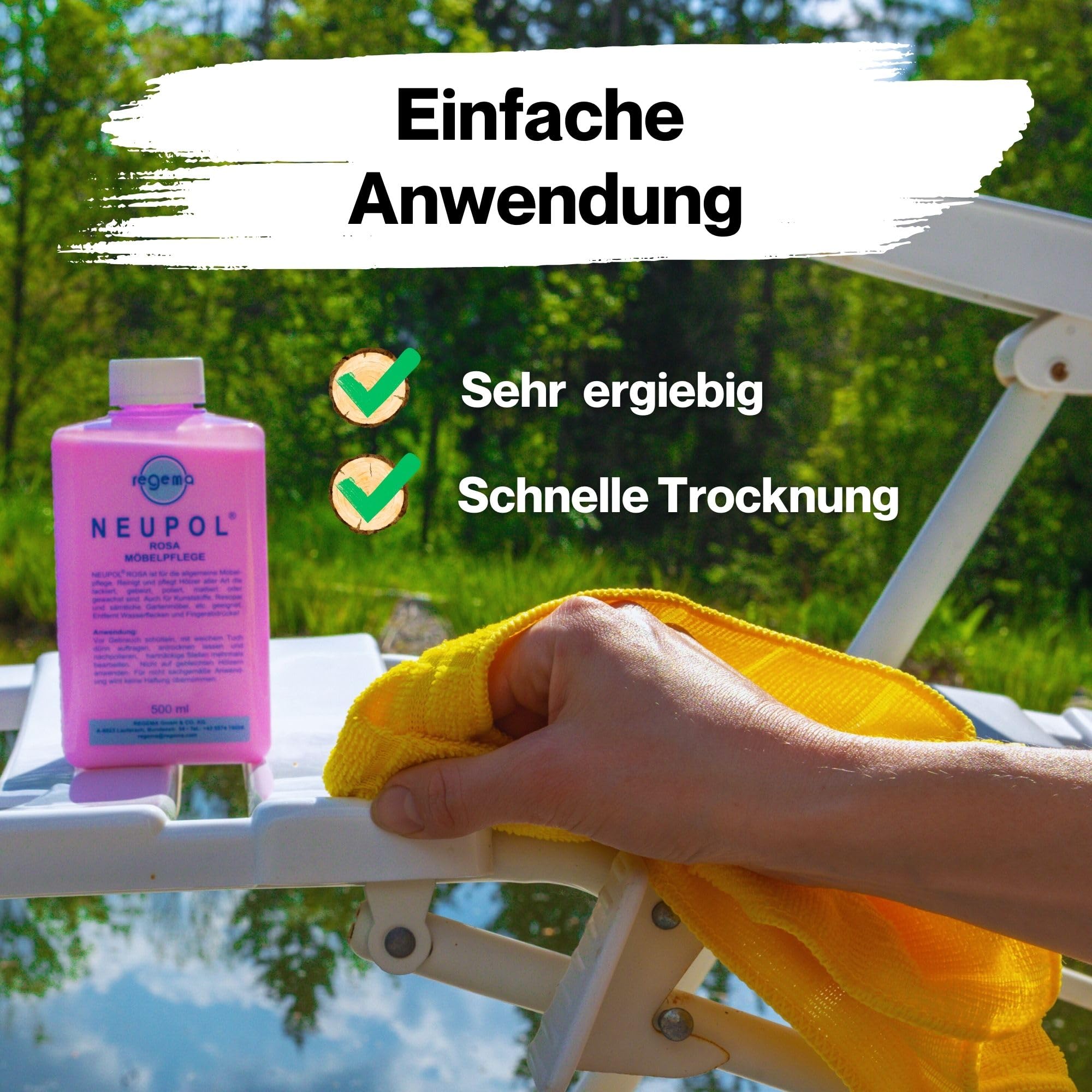 TIMBERINO Pflegeset Neupol Rosa Holzöl [500ml] Möbelpolitur Holz Innen Gartenmöbel Echtholz Furnier Kunststoff Resopal [Holzöl+Öltuch+Pinsel+Handschuh] WPC Pflege Arbeitsplatten Öl