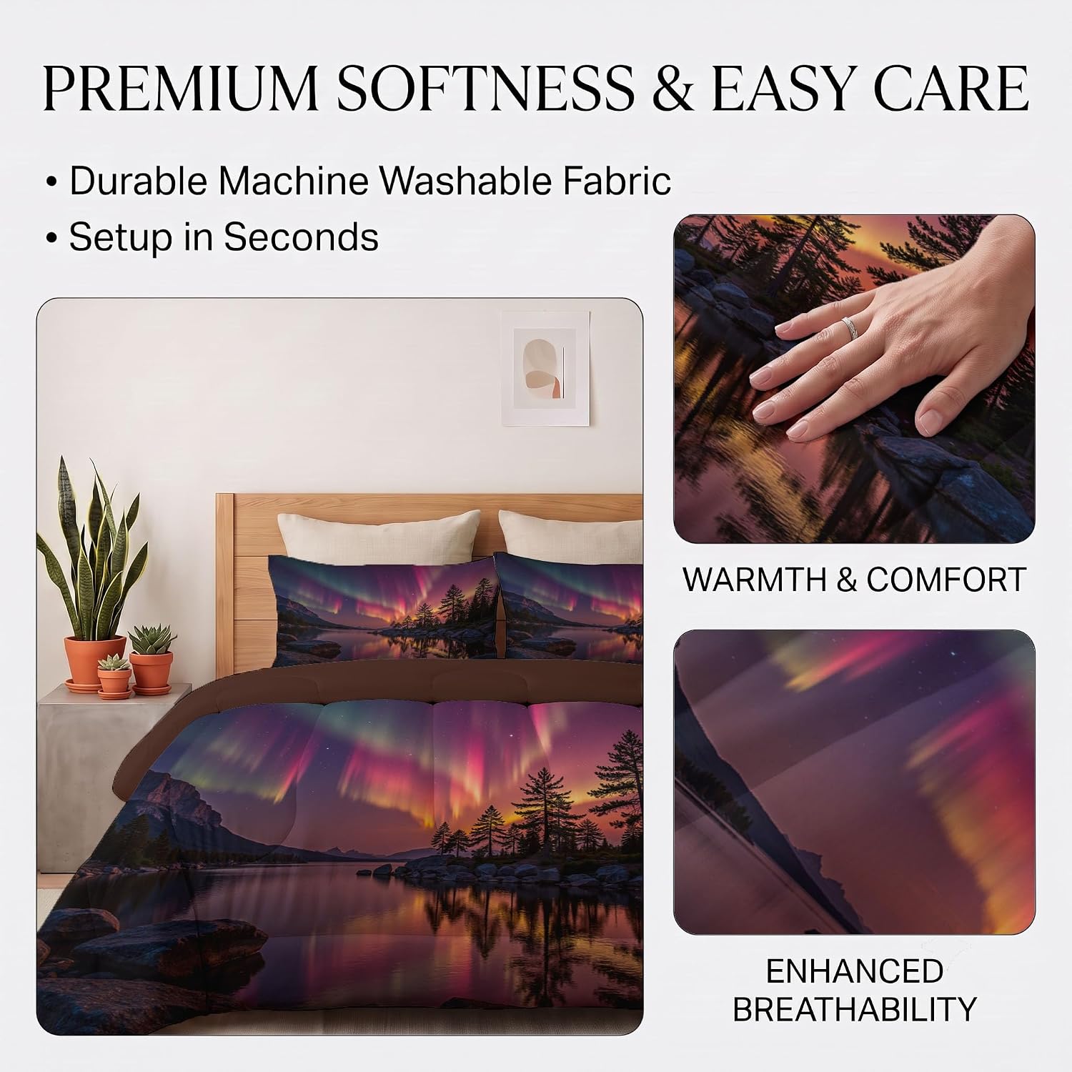 Natural Aurora Comforter Set King Size, Forest Lake Bedding Set for Girls Boys, Neon Purple Quilt Bed 104"X90" Bedding Comforter Sets with 2 Pillowcase Room Decor