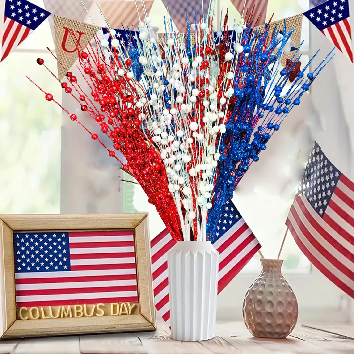 12 pcs 4th of July Decorations, Independence Day Table Centerpiece Decor 16 Inch Patriotic Artificial Tree Topper Picks Carnival Glitter Berry Stems Home Office Desk Vase (12)