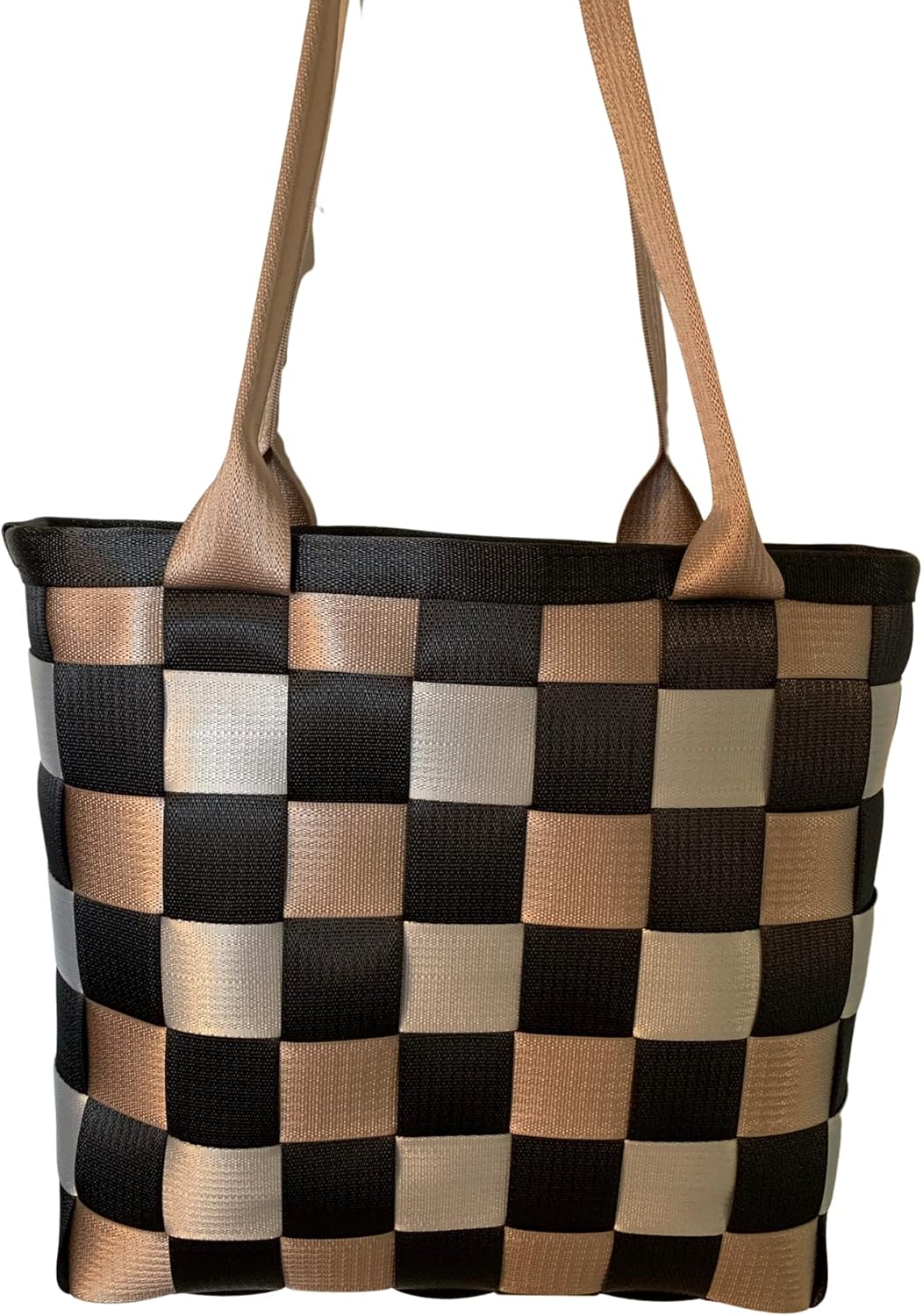 Aunt Sandy's Sewing Large Seat Belt Tote, weave style in black, silver & tan, seatbelt handbag, extra large purse, washable, durable