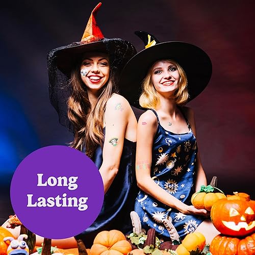 Miniatura 10 de HOUSE OF PARTY Tatuajes temporales de Halloween para niños, 84 calcomanías de Hocus Pocus, tatuajes de murciélago, calcomanías de calavera, tatuajes