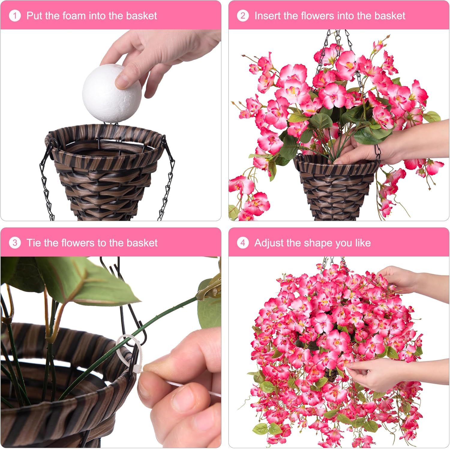 Artificial Fake Hanging Flowers Plants Basket for Outdoors, Faux Silk Hibiscus Flowers Trailing Vines in Planter UV Resistance Realistic for Outside Home Patio Porch Balcony Garden Decor, Pink - Image 5