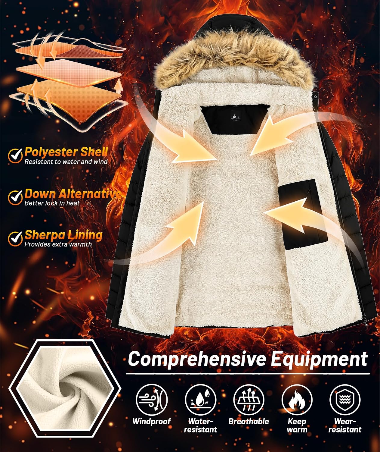 ZITY Mens Winter Jackets Sherpa Lined Coats Insulated Water-Resistant Fleece Jacket with Detachable Hood Warm Puffer Parka