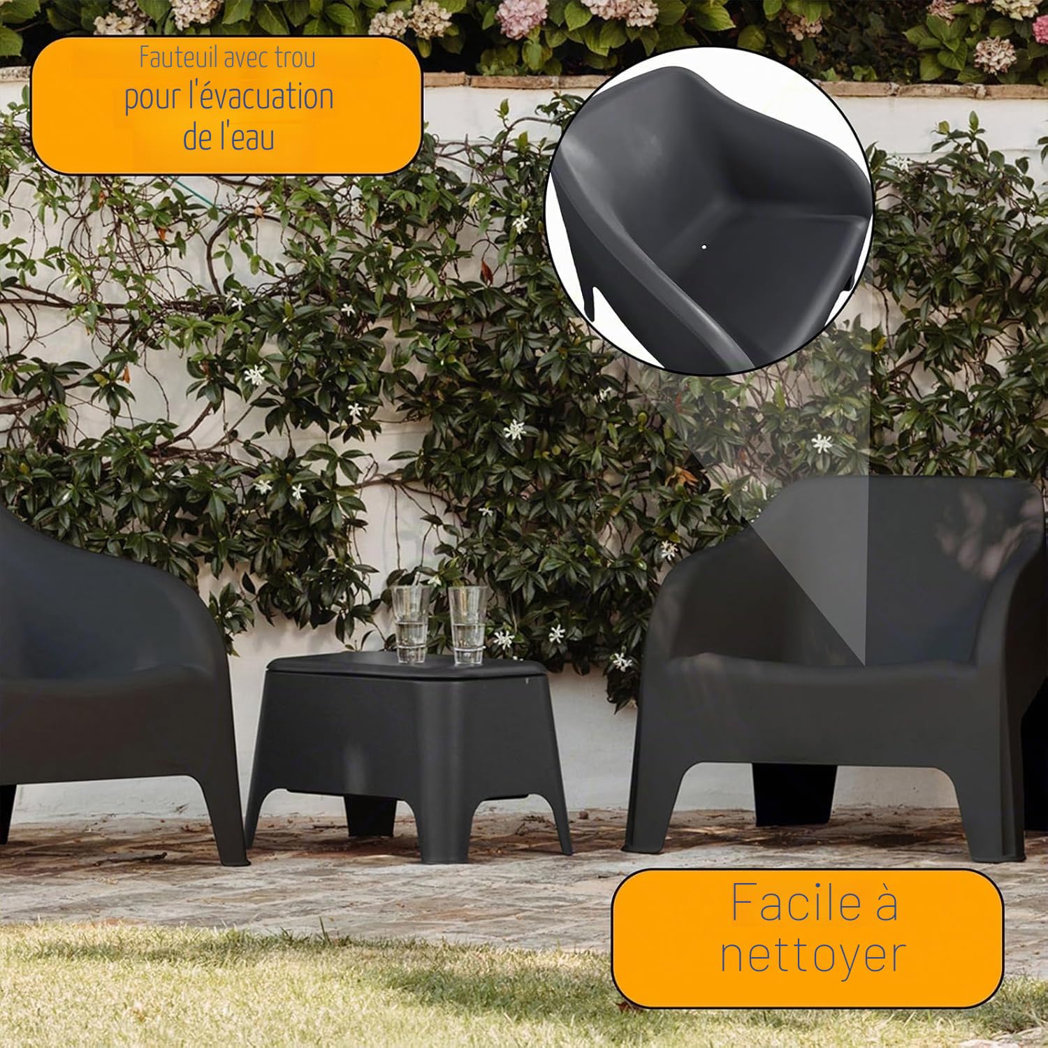 Decor Space Fauteuil Tokyo en polypropylène empilable pour terrasses et jardins (Noir)