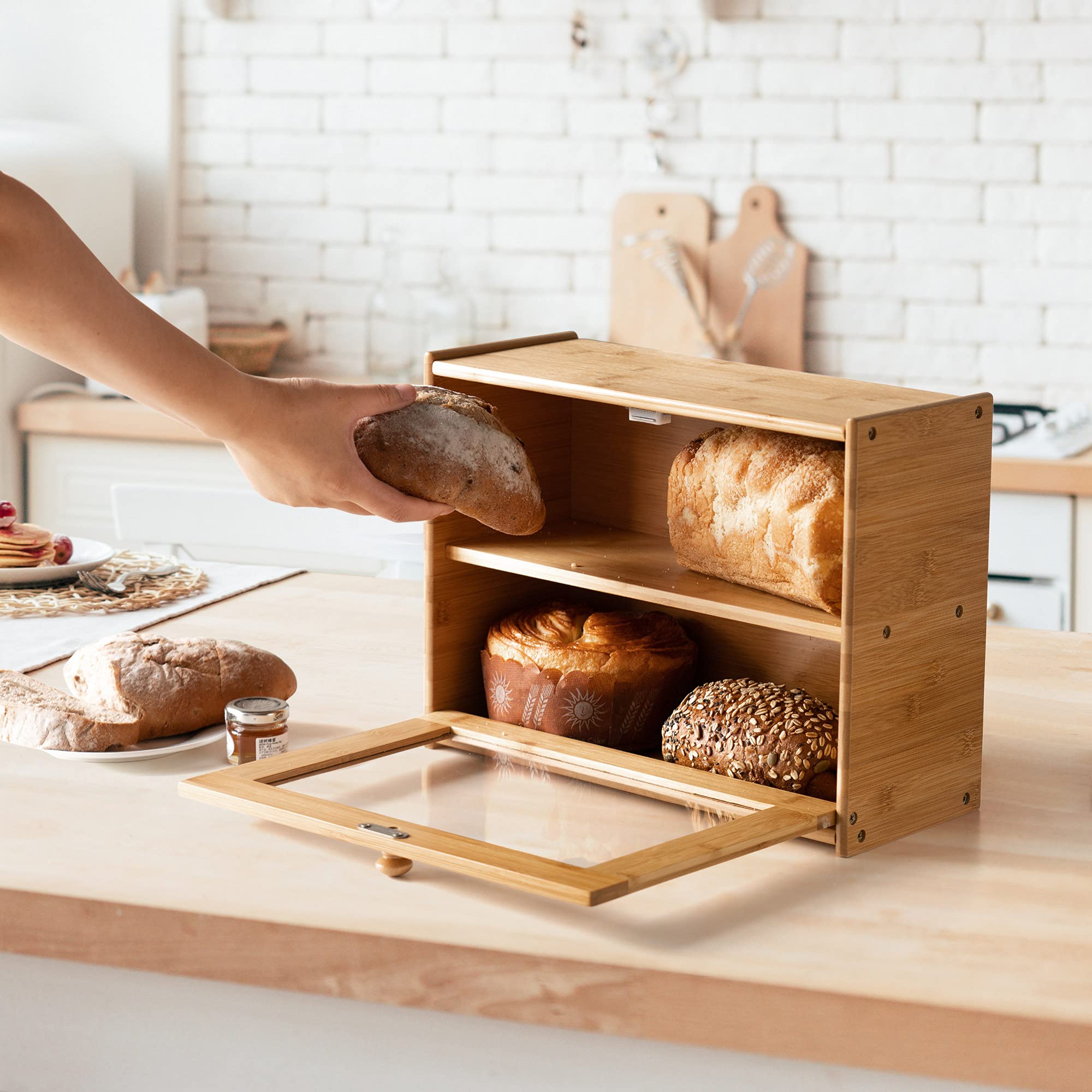 Goodpick Bamboo Bread Box 15" x 11" x 6" Wood Bread Boxes on Countertop