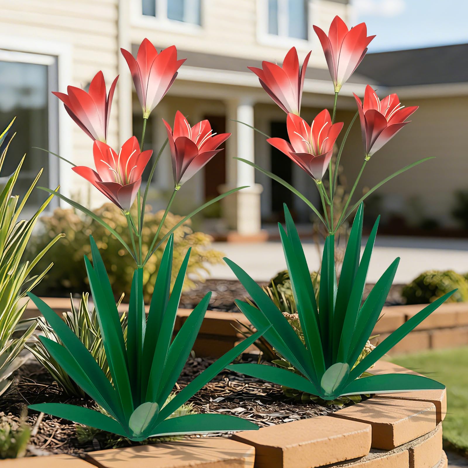 TOMBABY 32.28 Inch Metal Agave Plant Outdoor Decoration Lily Mexican Yard Art Garden Gift Home Decor Hand Painted Metal Agave Garden Yard Statue (2pc, Green)