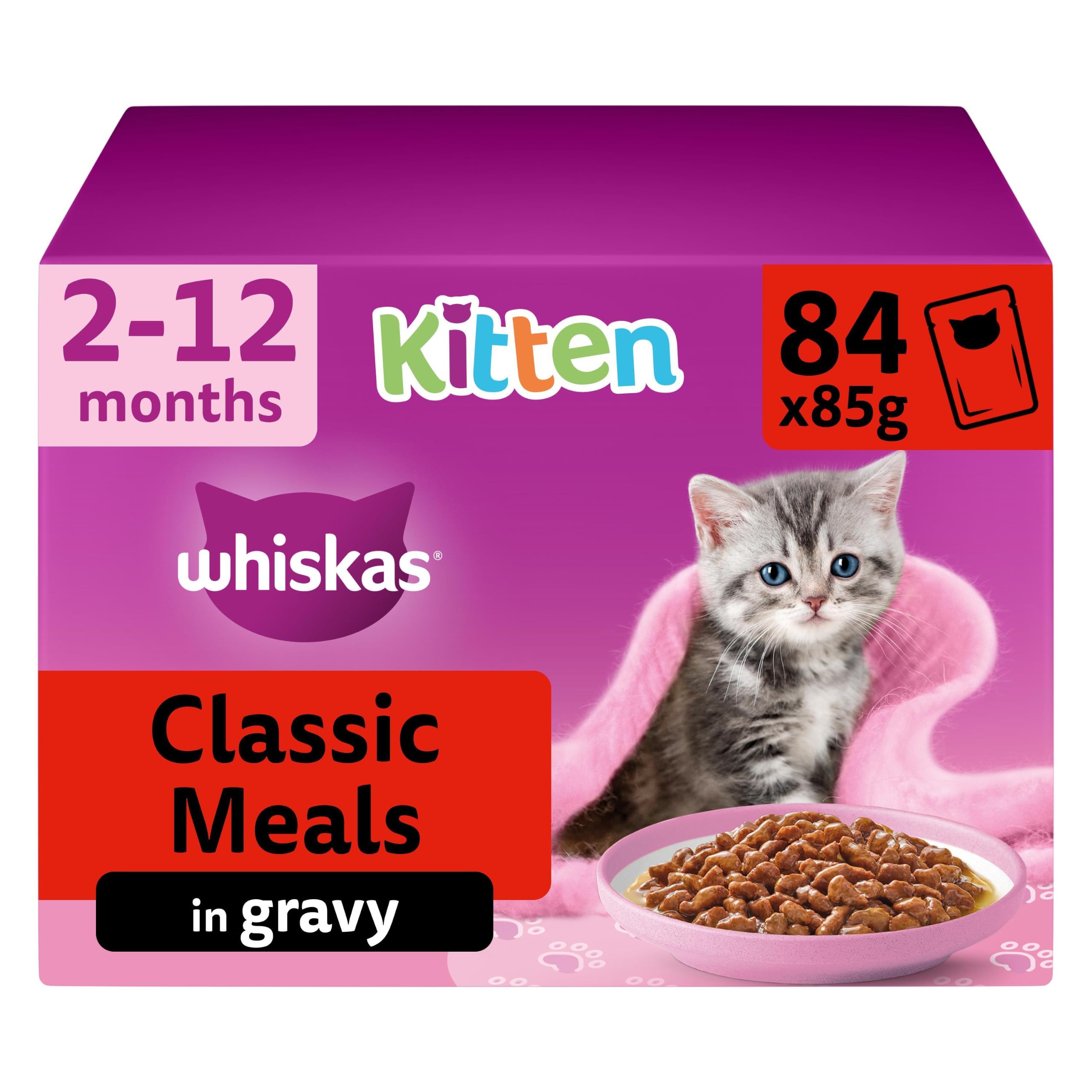 84 x 85g Whiskas Kitten/Junior Cat Food Pouches Classic Selection in Gravy Megap