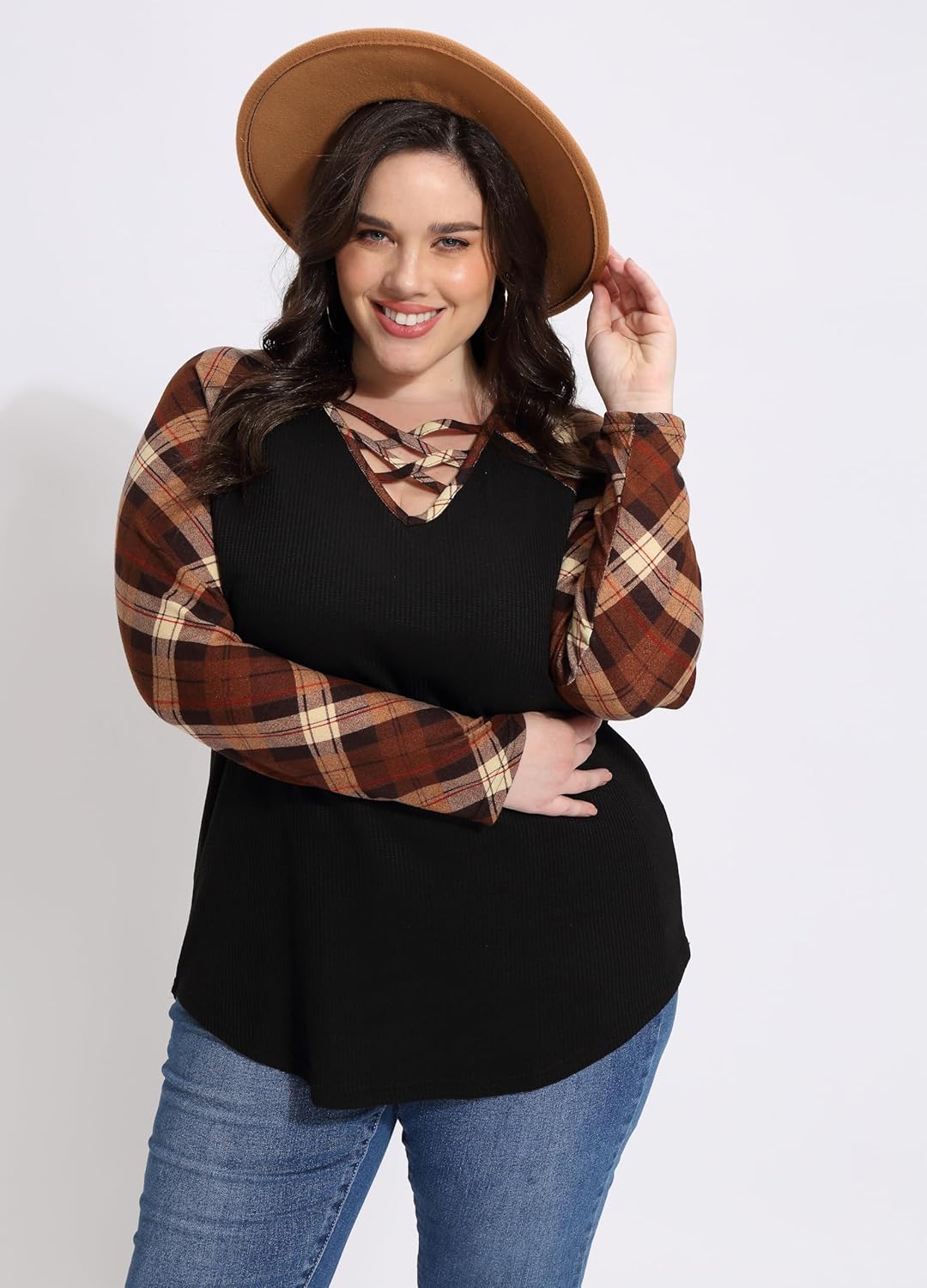 CARCOS Plus Size Tops for Women Criss Cross Long Sleeve Shirts V Neck Tunics Casual Fall T Shirt Loose Fits Blouses XL-5XL - Image 4