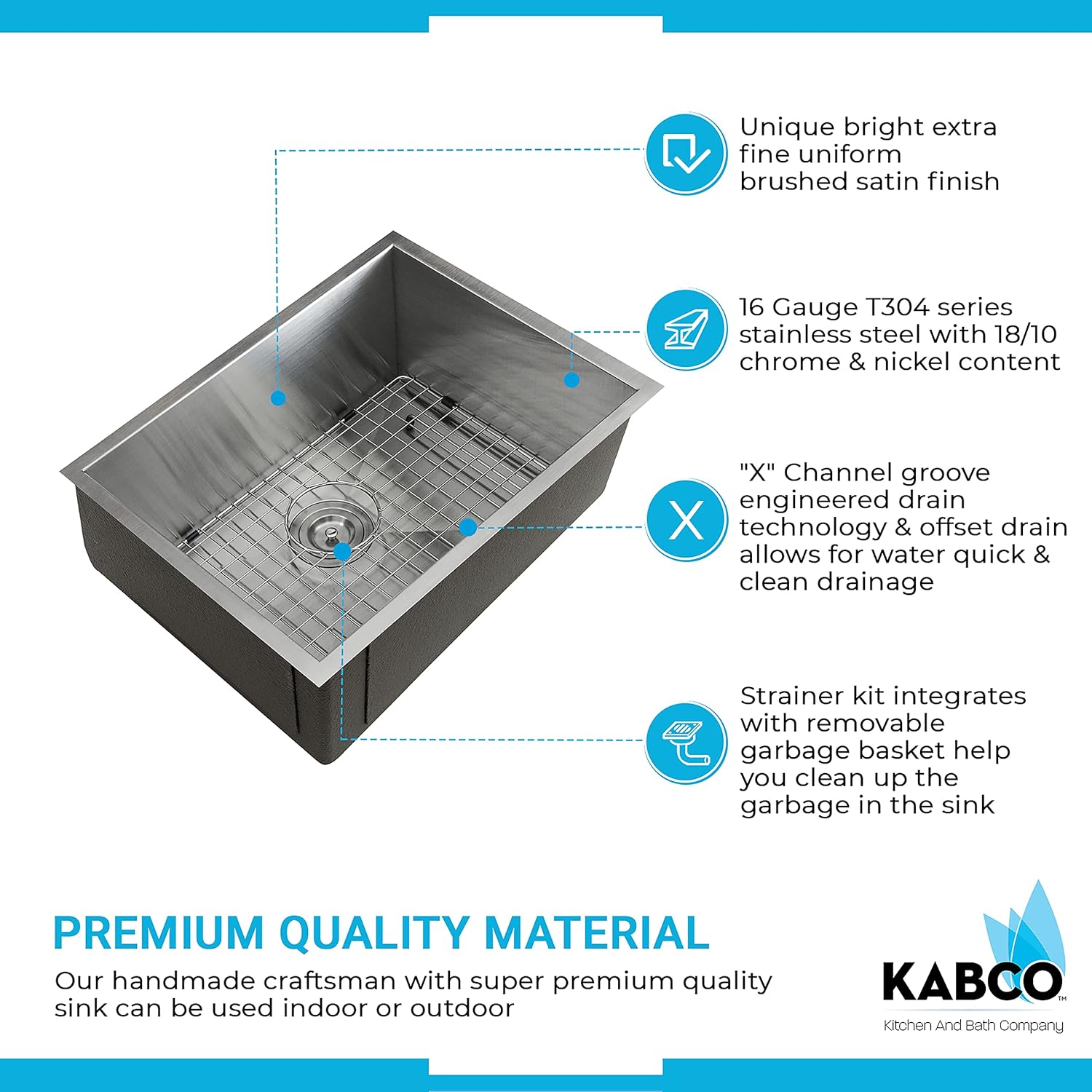 KABCO 23 Inch Single Bowl Stainless Steel Handmade Kitchen Sink, Laser Cut Rust Resistant Sound and Heatproof 16 Gauge Undermount Sink with Sink Strainer, Sink Grid and a Rolling Up Grid