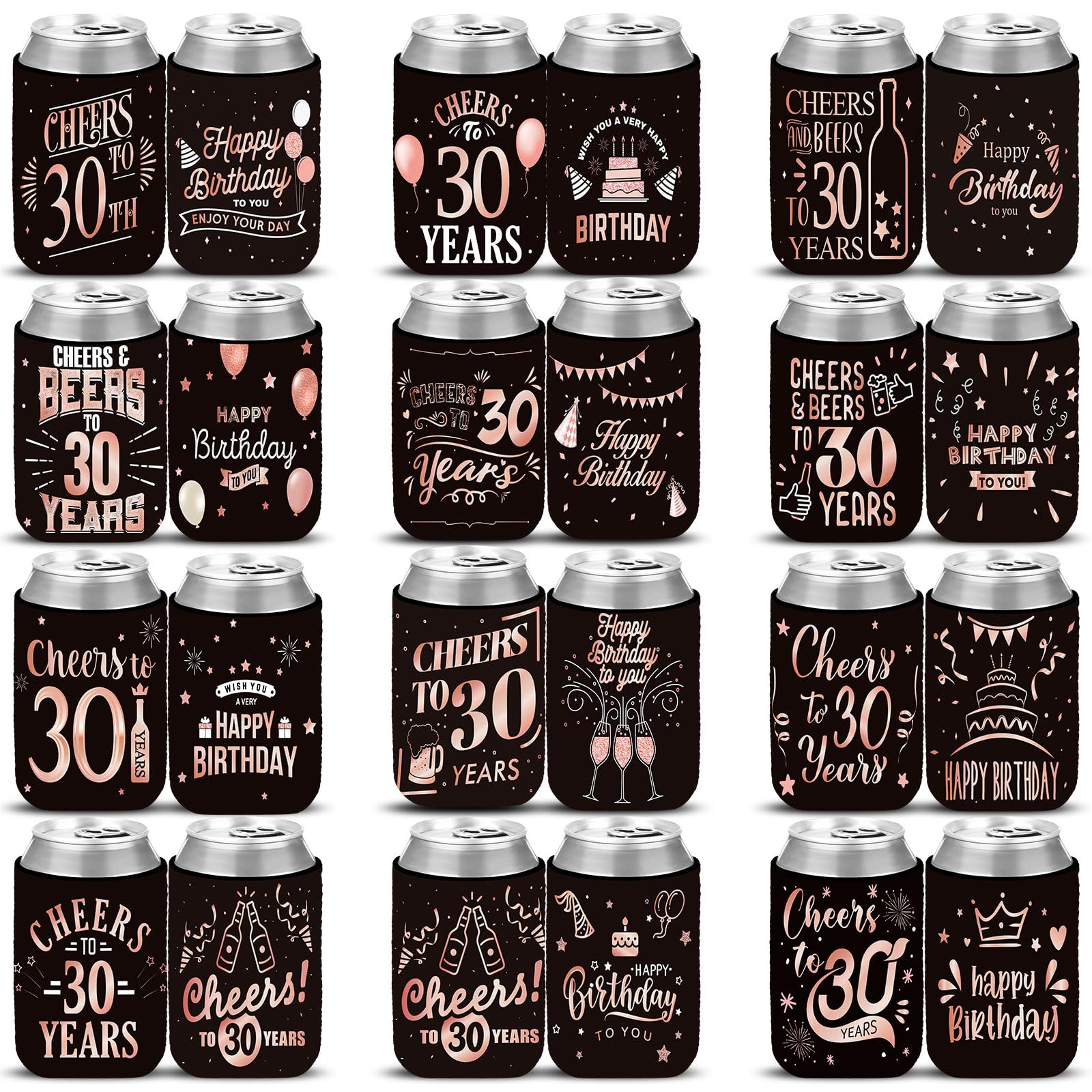 Nitial 24 Pcs Rose Gold 30th Birthday Can Sleeves to 30 Years Can Neoprene Cooler 30th Birthday Decorations 30th Birthday Party Favors Supplies