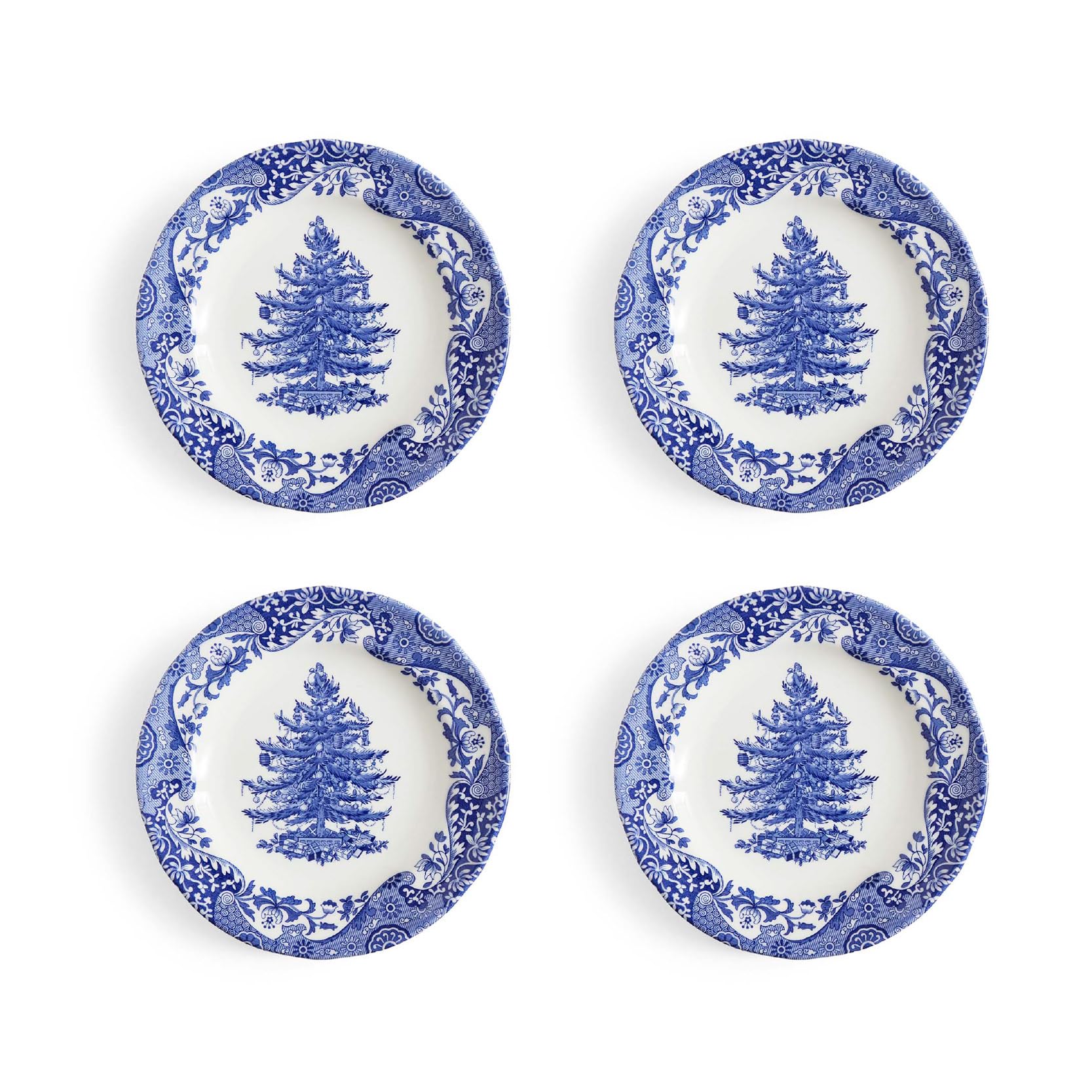 Spode x Blue Italian Christmas Tree 4-Piece Plate Set (20cm) – Festive Blue & White Earthenware Side Plates for Holiday Dining, Desserts and Seasonal Entertaining