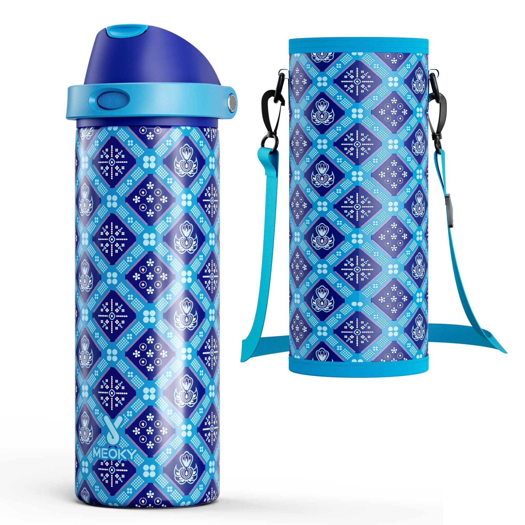 24 oz Insulated Water Bottle for Men: Meoky Stainless Steel Water Bottle with Holder and Shoulder Strap - Leak Proof, Cold for 24 Hours, Fits in Car Cup Holder, BPA-Free for Sports Travel, Blue Faith