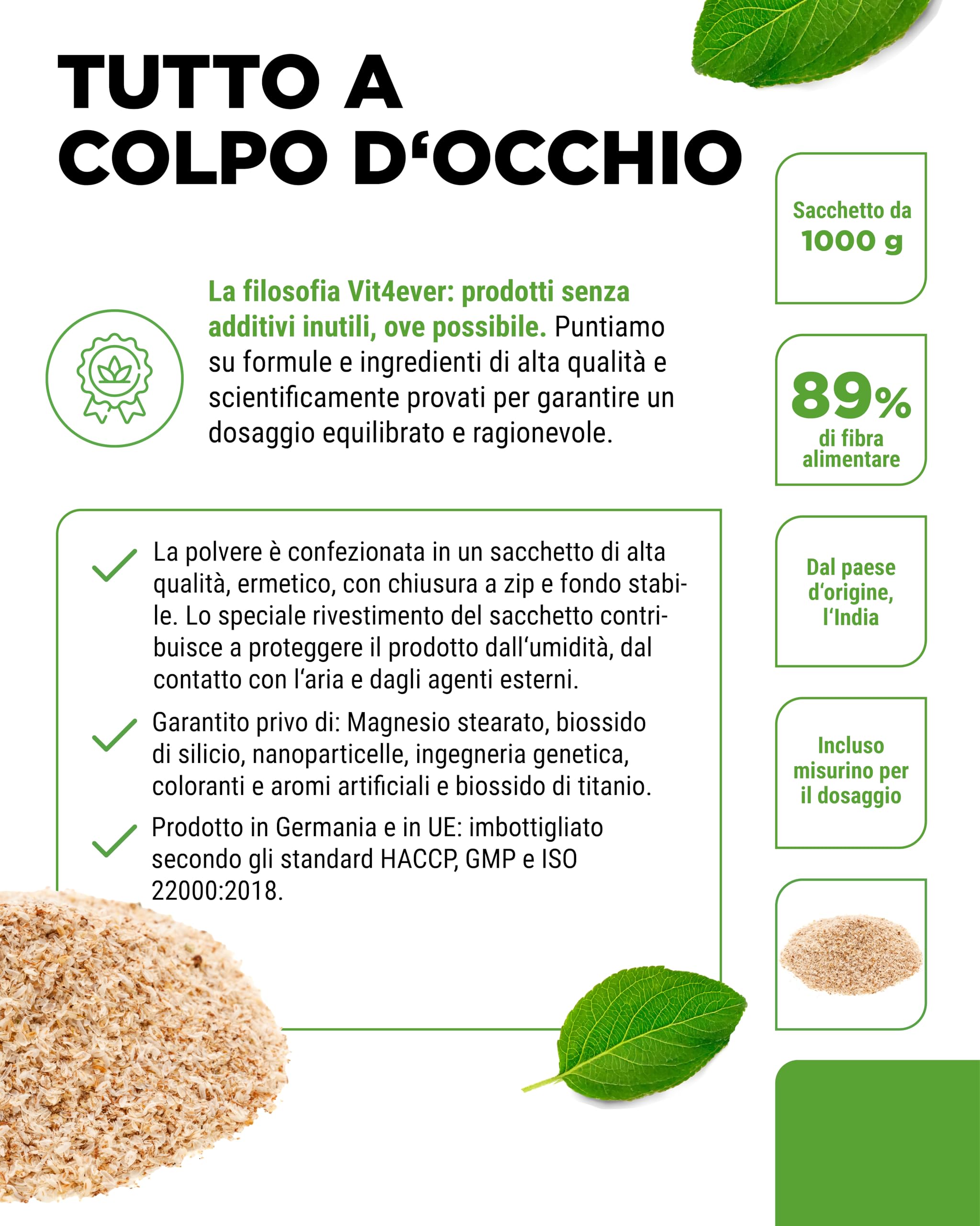 Psyllium husks 1 kg - 1000 g - Residui controllati - Purezza 99% - Origine: India - Low carb - Alta fibra - Senza additivi - Vegan