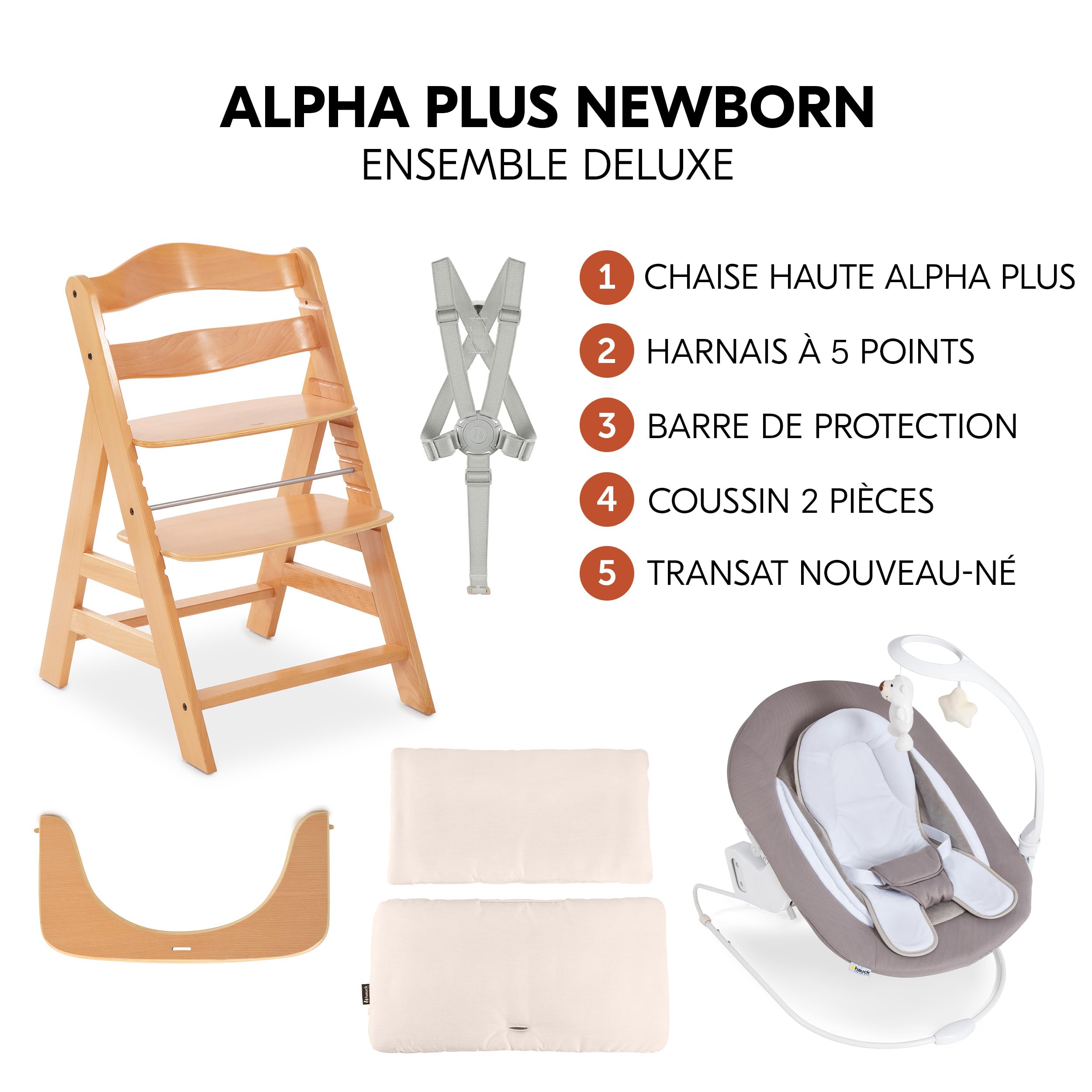 hauck Chaise Haute Bébé Alpha+ avec Siège Nouveau-né Deluxe - Natural | Chaise haute évolutive en bois, de la naissance à 90 kg, inclus assise avec arche éveil bébé, coussin, idéal pour repas
