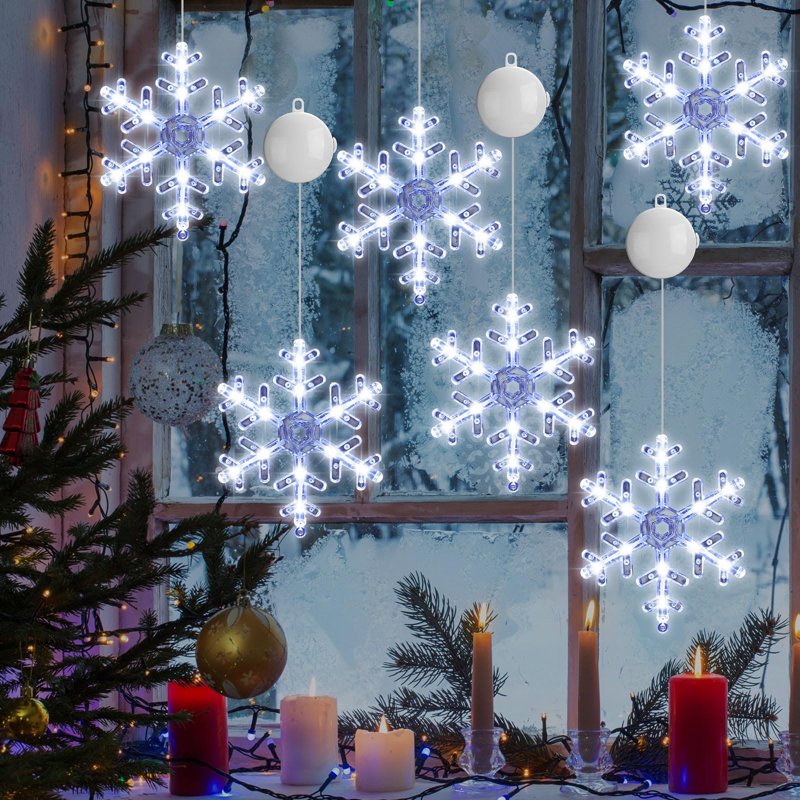 Tujoe Lot de 10 lumières de fenêtre lumineuses avec minuterie, ventouse, fonctionnement à piles pour Noël, Nouvel An, extérieur et intérieur (blanc, flocon de neige)