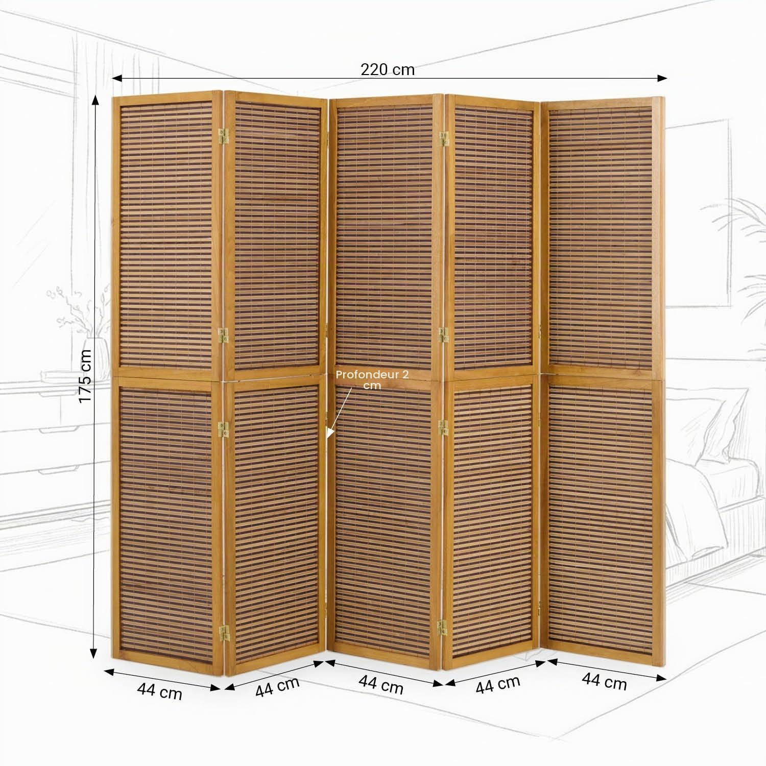 5 pan diviseur de pièce écran Pliant - diviseur de Shoji Bois avec du Bambou en Brun Clair