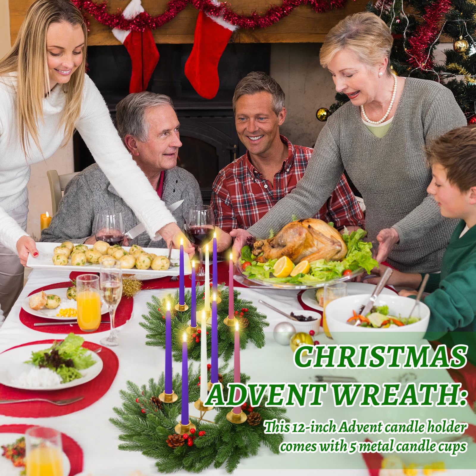 LemonRoad Juego de 2 coronas de Adviento de Navidad de 12 pulgadas, 5 portavelas, decoración de centro de mesa de Navidad con conos de pino, tallo de bayas de acebo para Navidad, decoración del hogar