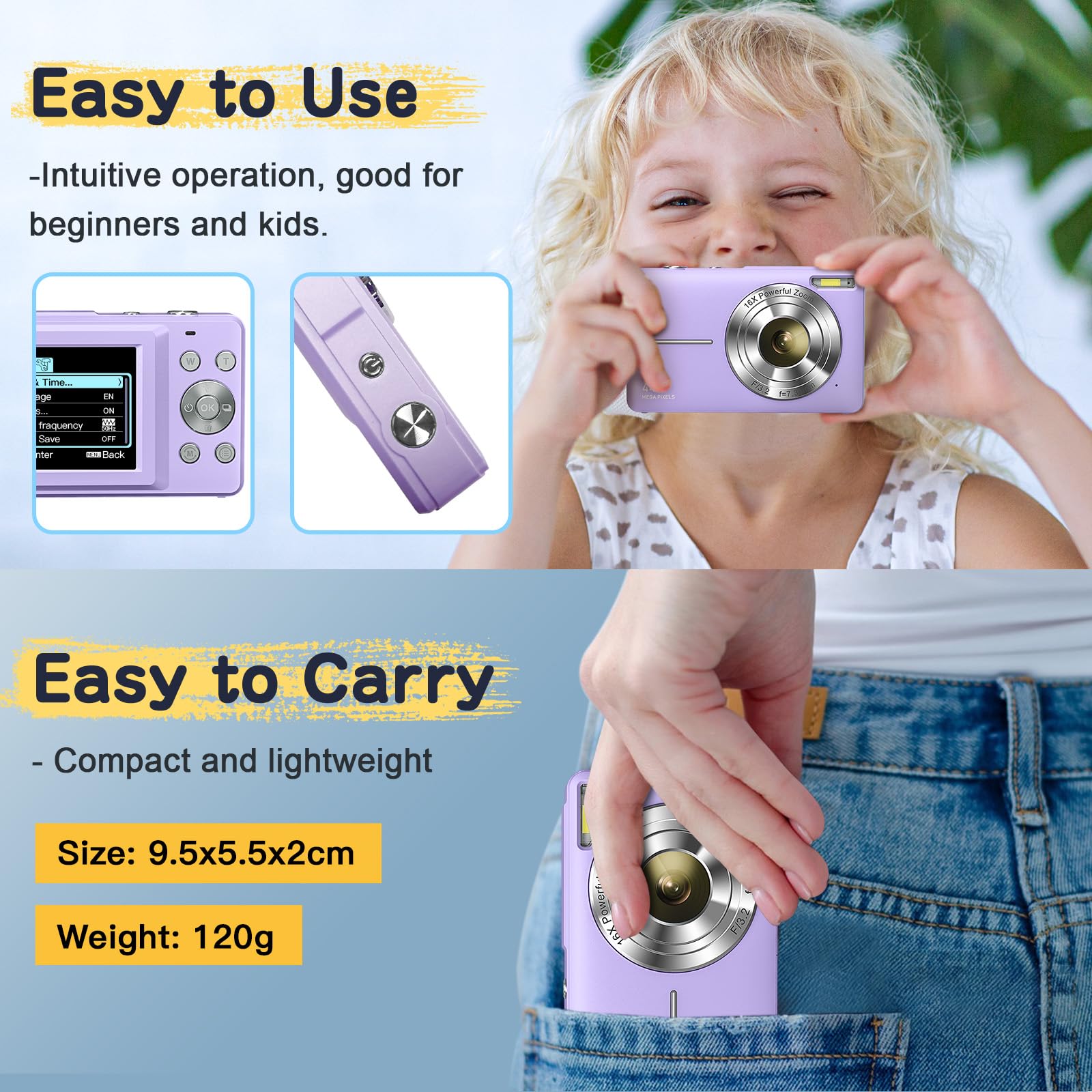 Digitale camera, FHD 1080p, 44MP, fotoapparaat met 32G-kaart, 16x digitale zoom, digitale camera met batterij, draagbare eenvoudige digitale camera voor kinderen, studenten, tieners, beginners