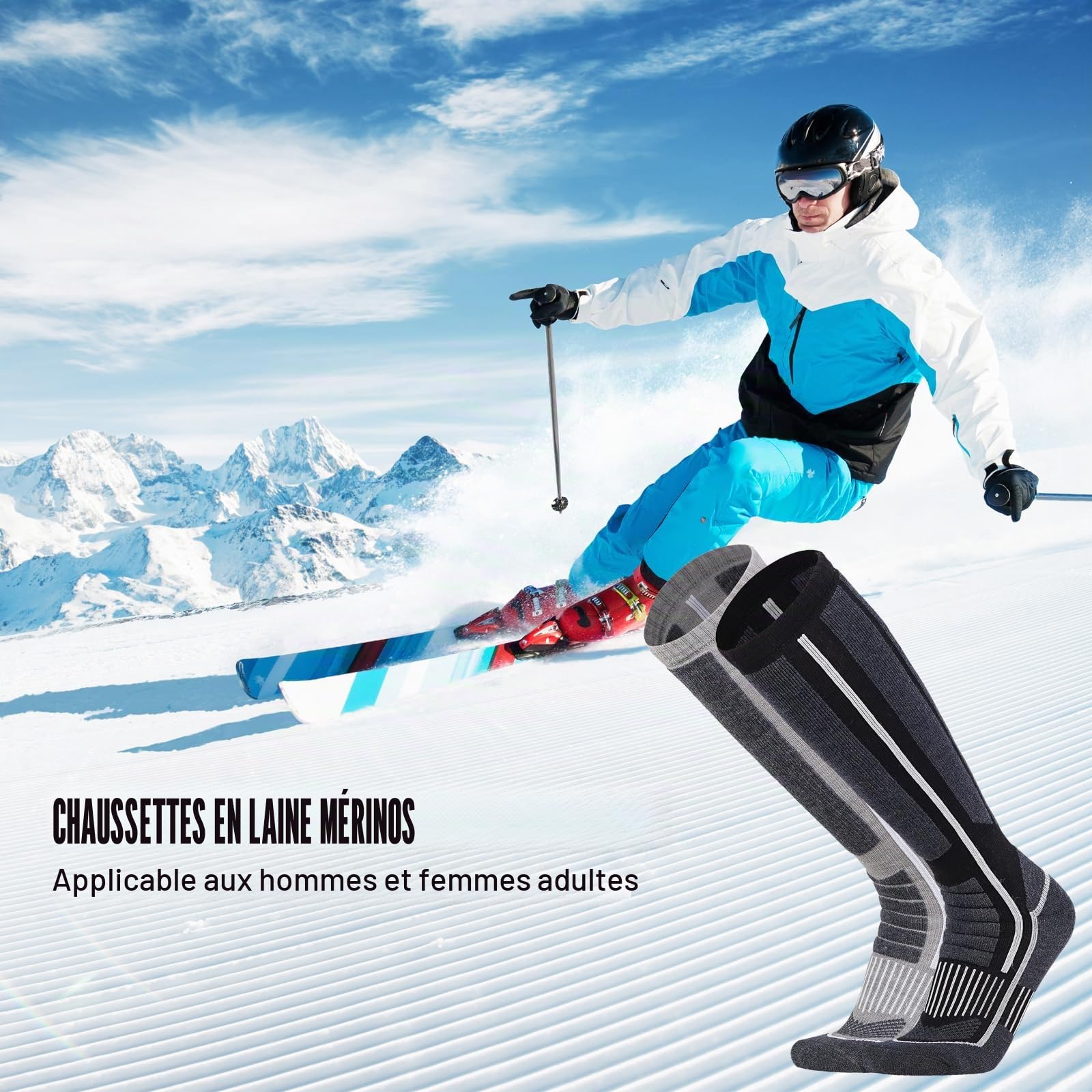 2 Paires Chaussettes de Ski Laine Mérinos Homme, 39-44 Chaussette thermique d'hiver