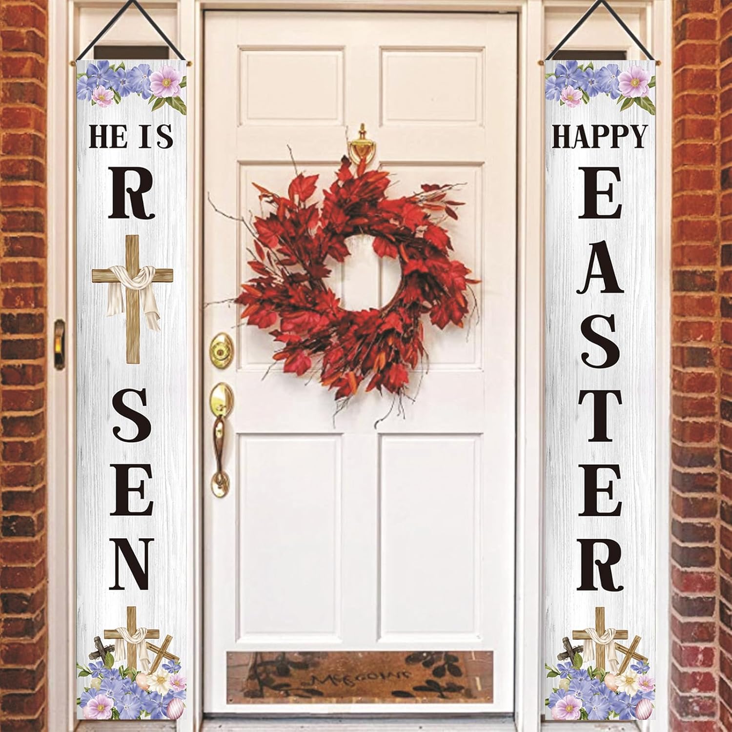 Jiudungs Easter Decorations Outdoor Happy Easter&He is Risen Porch Sign Banner Religious Easter Resurrection Scene Deocrations and Supplies for Home Classroom Office