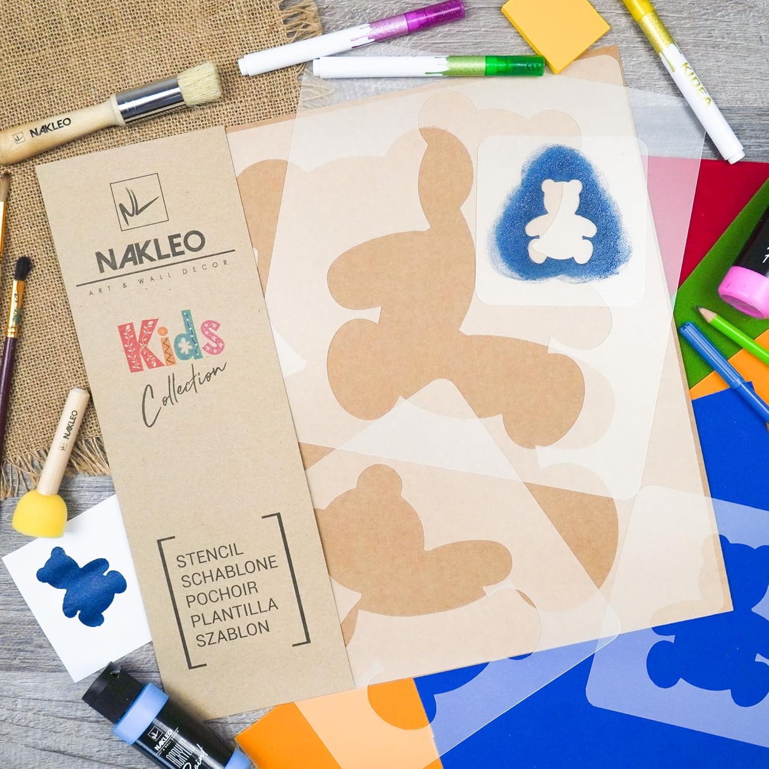 NAKLEO Painting Stencils Set for Nursery Room, 5 Pcs Templates 3.5" to 13.4" Teddy Bear Plush, Plastic and Reusable Drawing Stencils, Decor, Craft DIY Wall Furniture