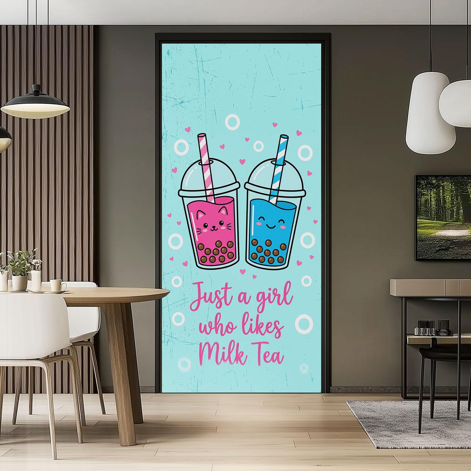 Naklejka na drzwi 3D - Dekoracja kreskówkowa 90 x 200 cm naklejki ścienne pcv, urocza perłowa serce herbata mleko kubek renowacja t na ścianę salon kuchnia sypialnia przedpokój, niebieski