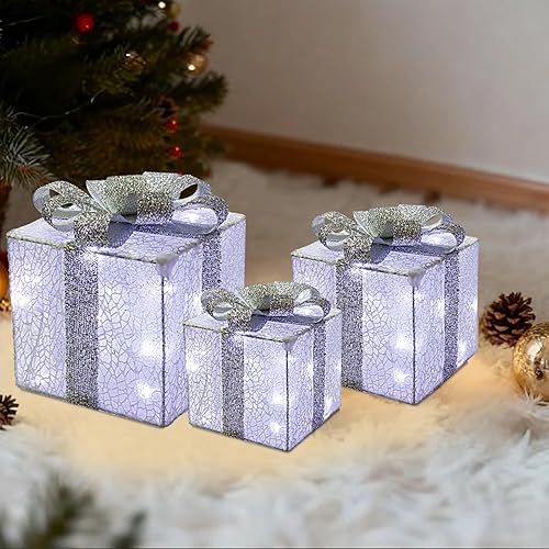 Miniatura 8 de Decoraciones de Navidad, juego de 3 piezas, adornos de caja con lazos, ilumina las faldas del árbol de Navidad. Adecuado para decoración de césped
