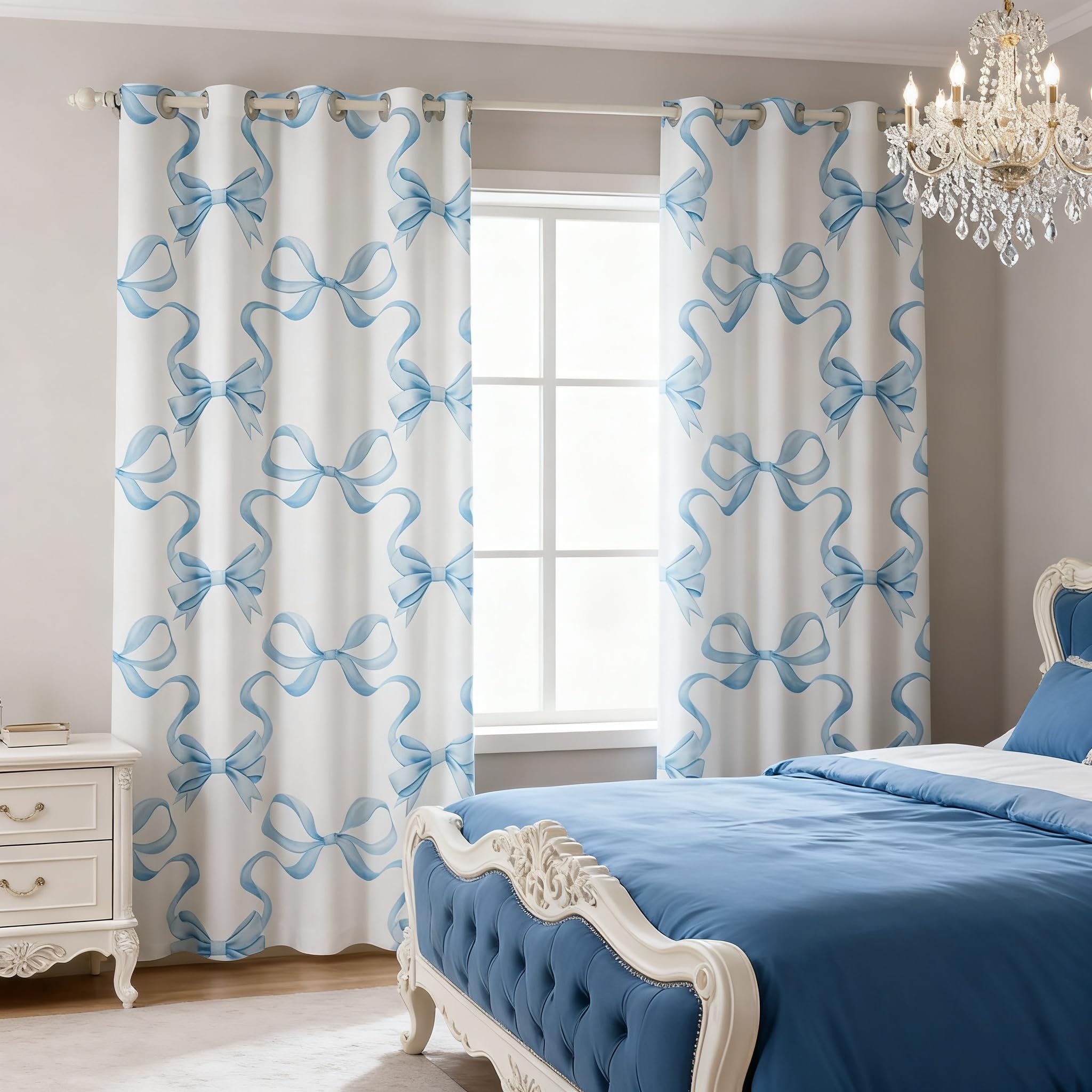 feelingyou Blue Bowknot Curtains for Windows,Princess Style Watercolor Bow-tie Curtains for Living Room,Fairy Tale Bow Ribbon Stripes Blue White Blackout Drapes 2 Panel Sets,66x72L - Image 2
