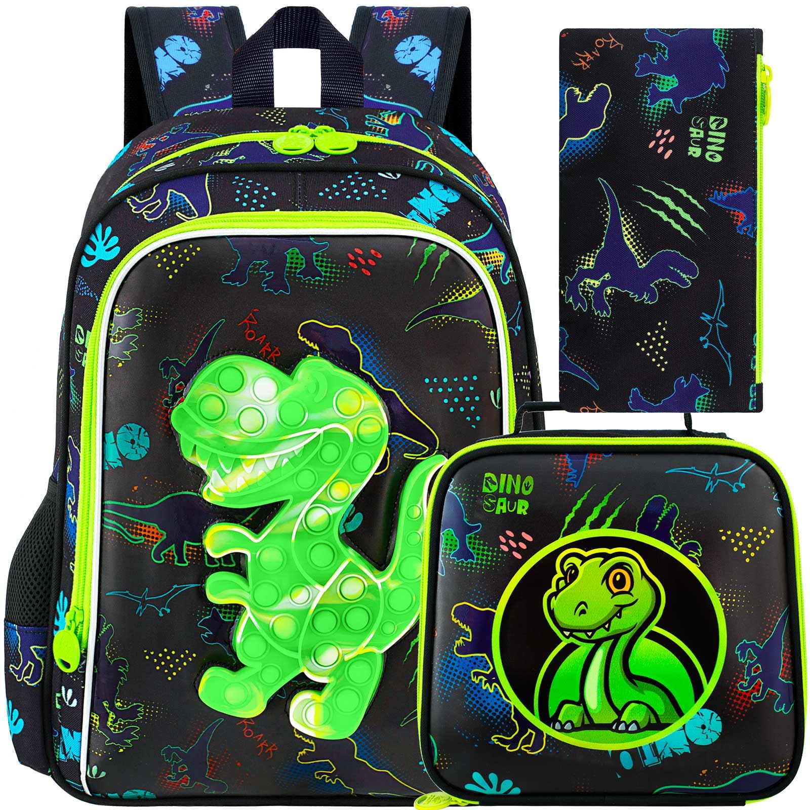 CCJPX 3PCS Dinosaur Backpack for Boys, 16”Kids Water Resistant Elementary Preschool Kindergarten School Bookbag with Lunch Box - Green