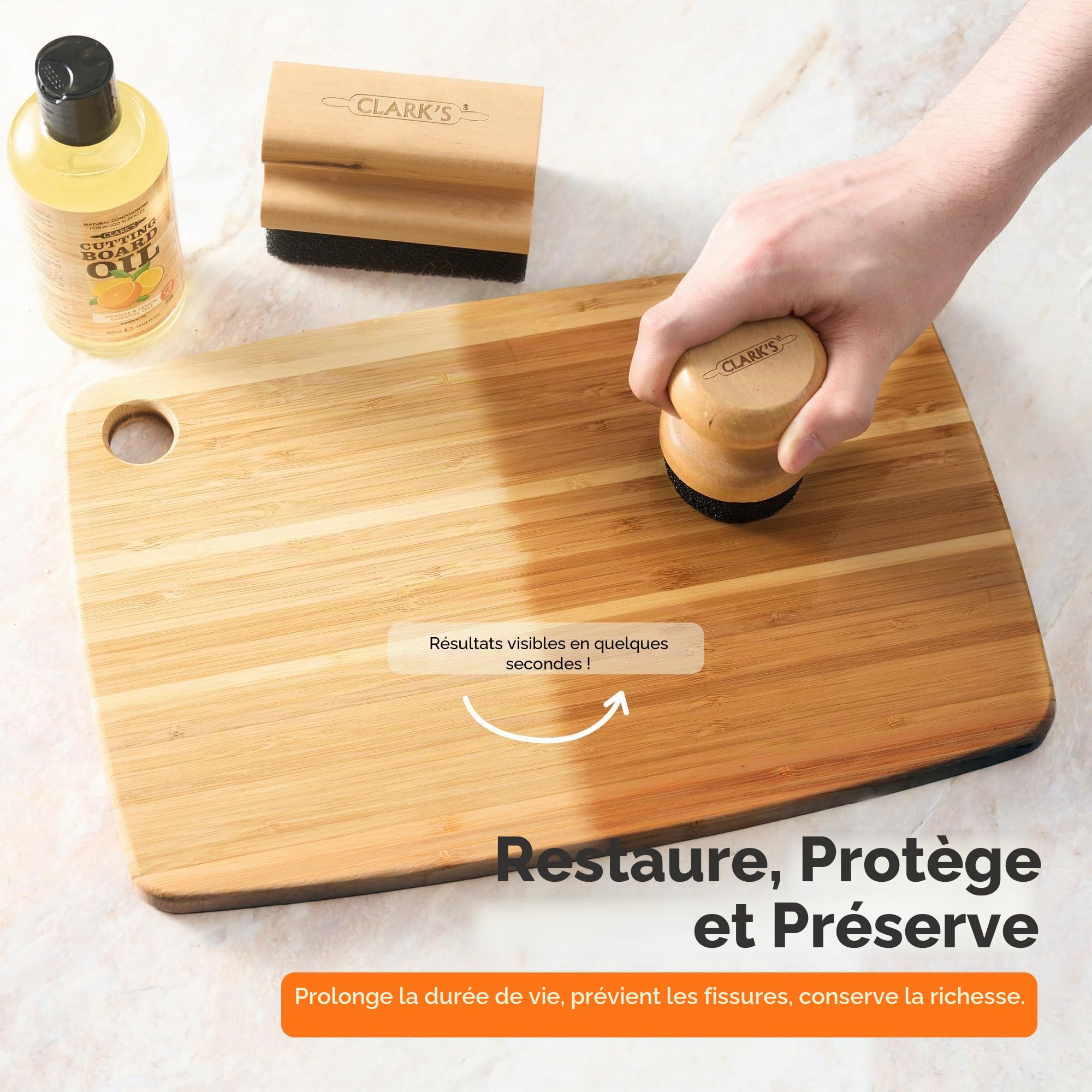 CLARK'S Huile de planche à découper – Huile minérale de qualité alimentaire pour planches à découper et blocs de boucher – Huile de planche à découper aux extraits d'orange et de citron – L'huile