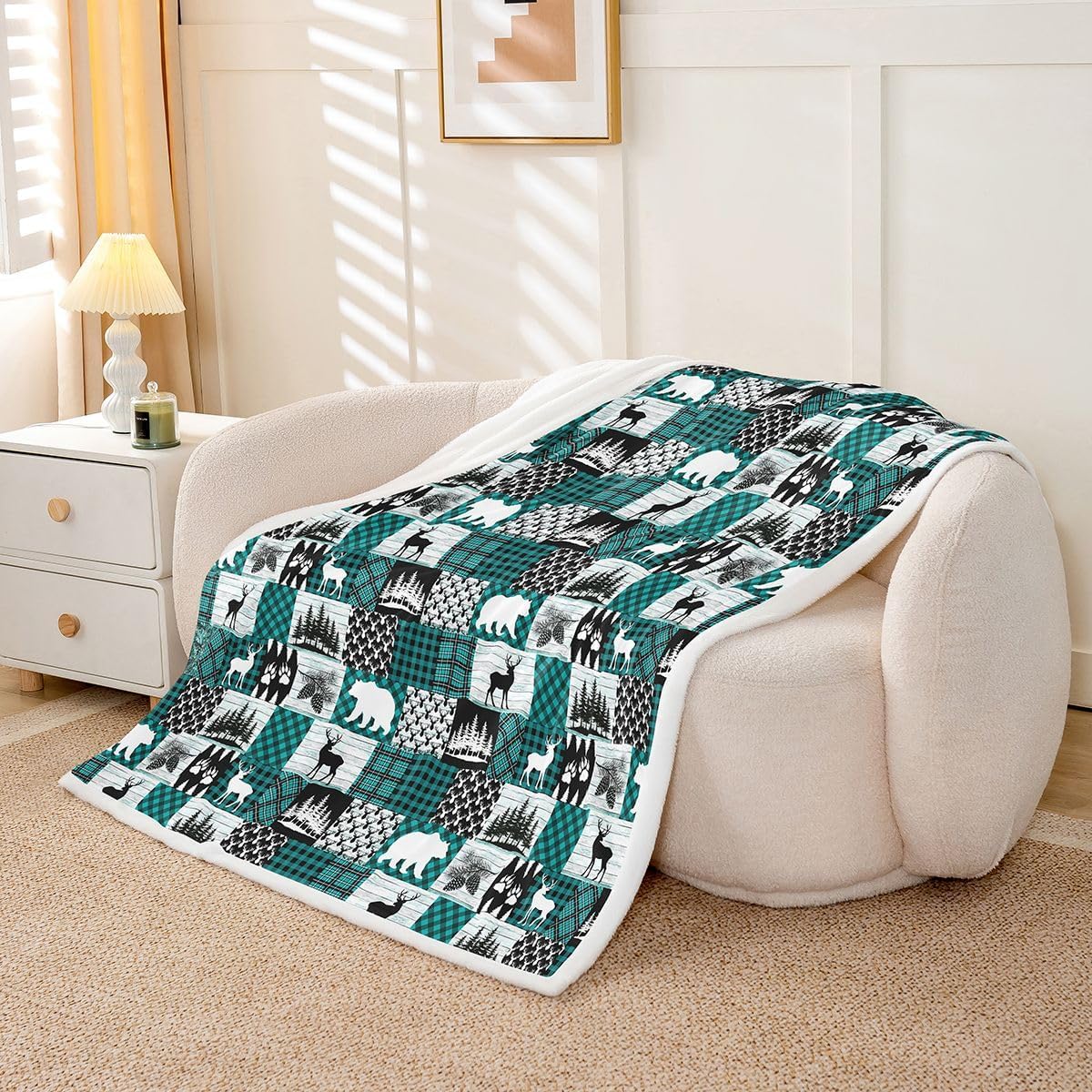 Feelyou Bear Fleece Throw Blanket Deer Sherpa Blanket for Kids Women Men Plush Fuzzy Farmhouse Hunting Baby 30"x40" Green for Bed Couch Chair Living Room Patchwork Bedroom Decor image 3