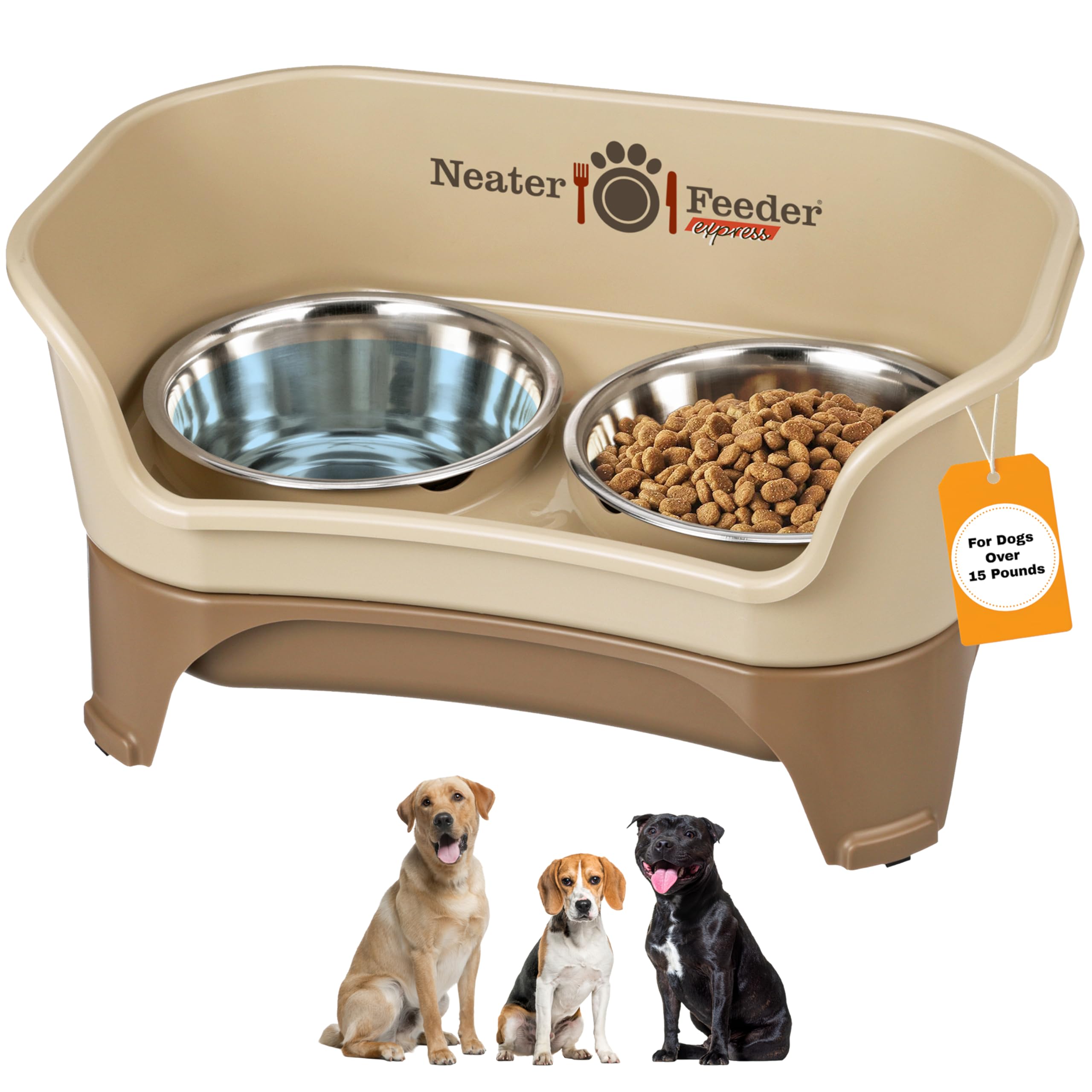 Express Mess Proof Dog Bowls Elevated for Medium to Large Sized Breed, No Spill Raised Dog Food Bowl Stand, Stainless Steel Food and Water Bowl Set, Pet Dish Feeding Station, Cappuccino