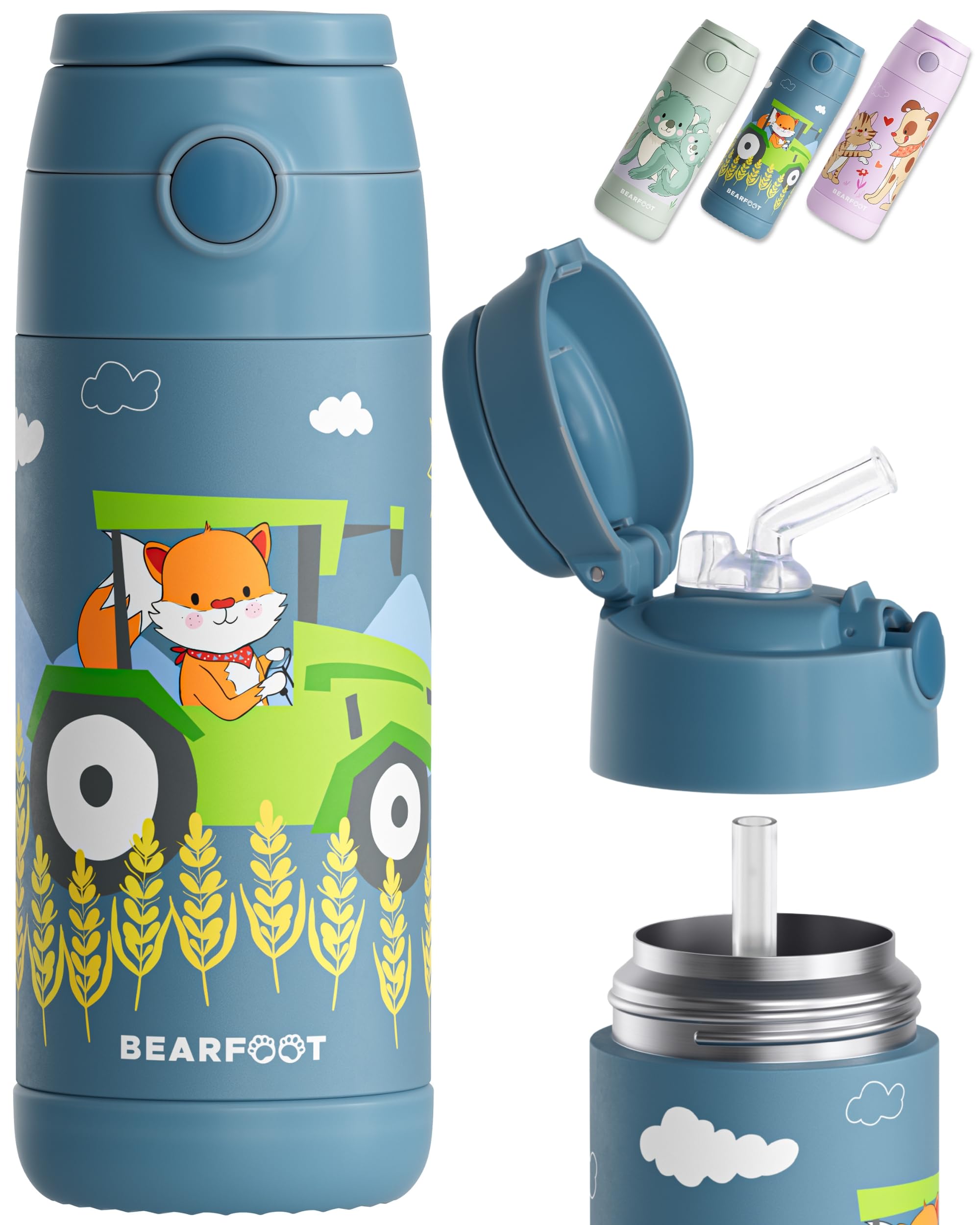 BEARFOOT Edelstahl Trinkflasche Kinder 350ml (Traktor Fuchs – Blau) | Thermo, vakuumisoliert, mit Tragegriff, auslaufsicher, BPA-frei, für Mädchen & Jungen