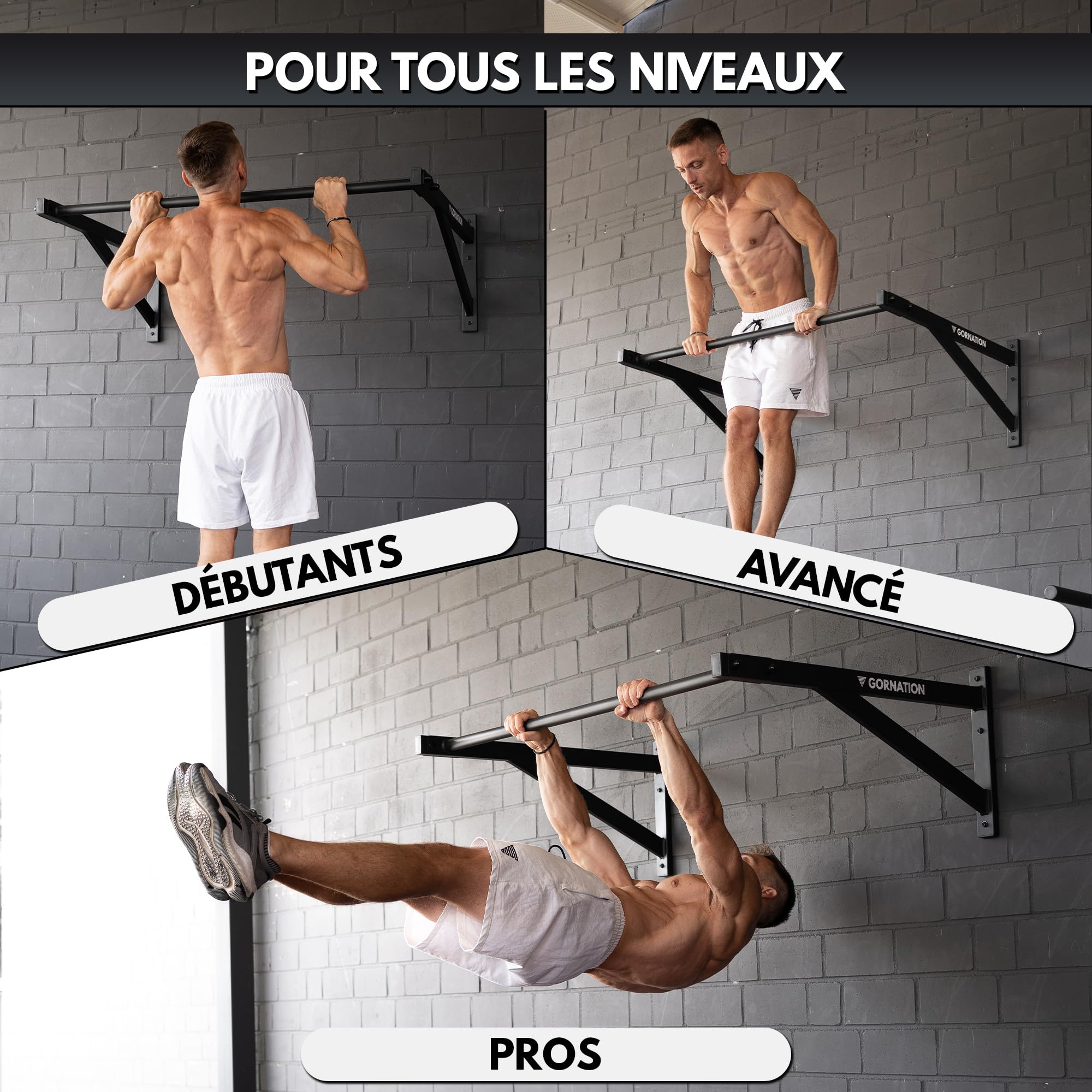 GORNATION Barre de Traction Murale, Barre de Fitness Gym à Domicile, Wall Pull Up Bar, Home Gym Bar pour Pull Up, Chin Up, Muscle Up, avec Kit de fixation inclus