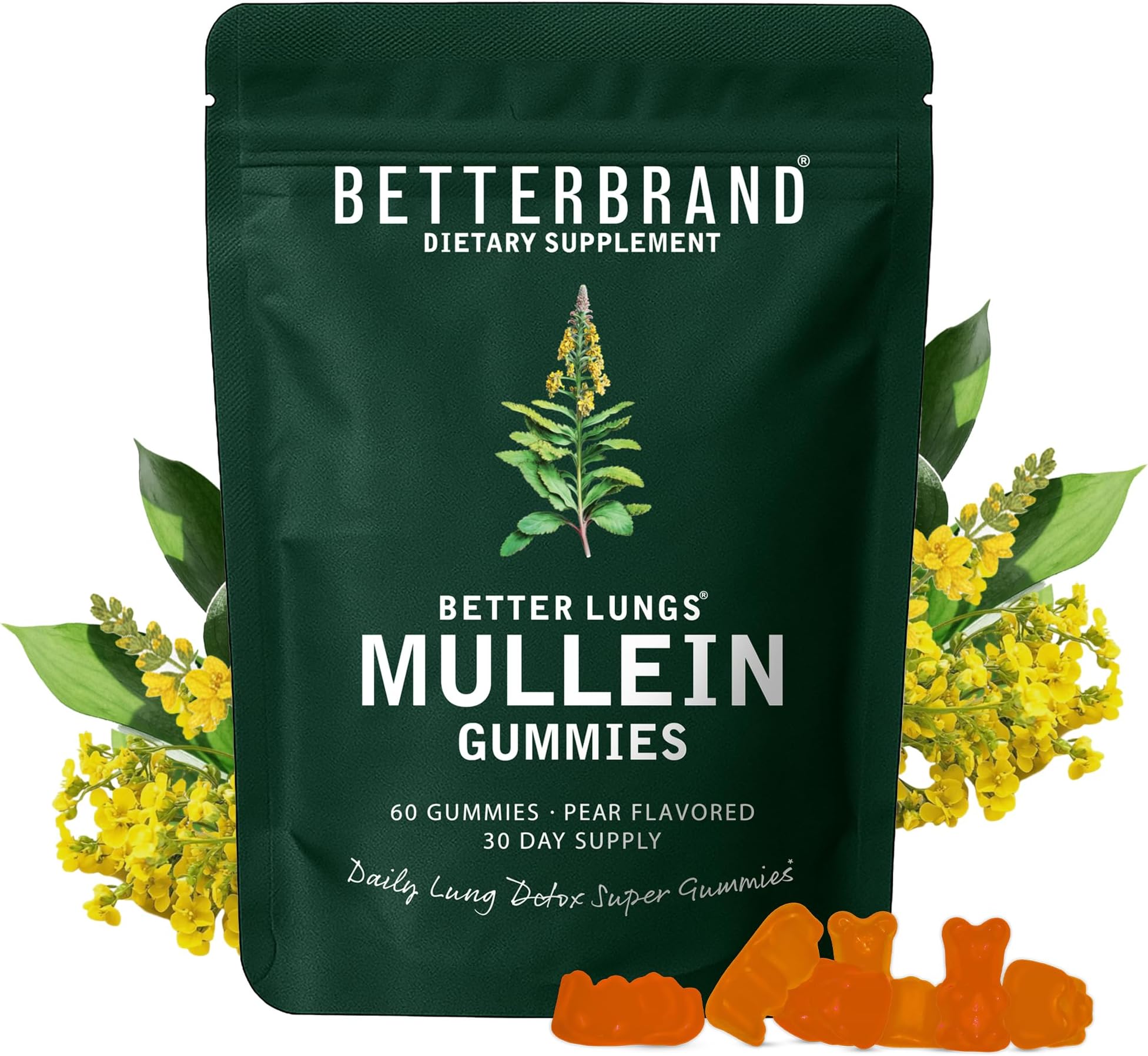 - Betterbrand Mullein Chewable Gummies for Lung Cleanse and Detox, Respiratory Health Supplement, 1000mg Mullein Extract per Serving, 60 Gummies - 30 Day Supply - Pear Flavored
