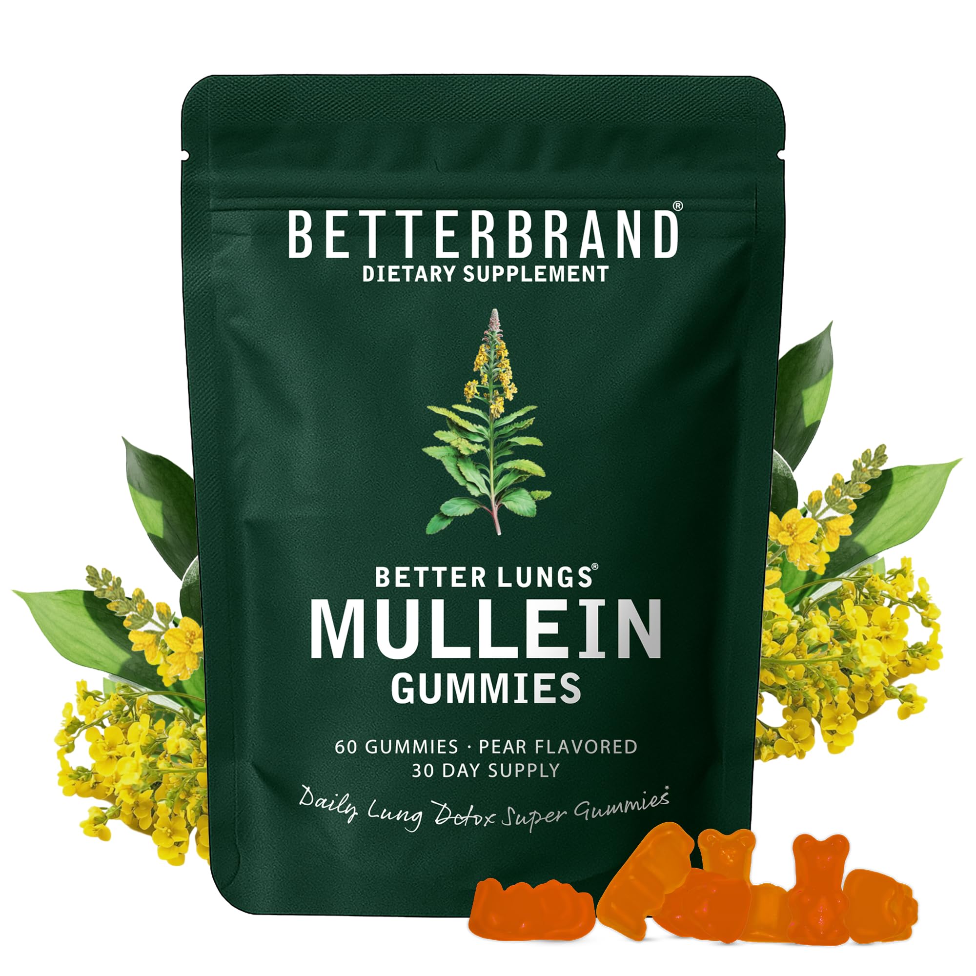 Betterbrand Mullein Chewable Gummies for Lung Cleanse and Detox, Respiratory Health Supplement, 1000mg Mullein Extract per Serving, 60 Gummies - 30 Day Supply - Pear Flavored