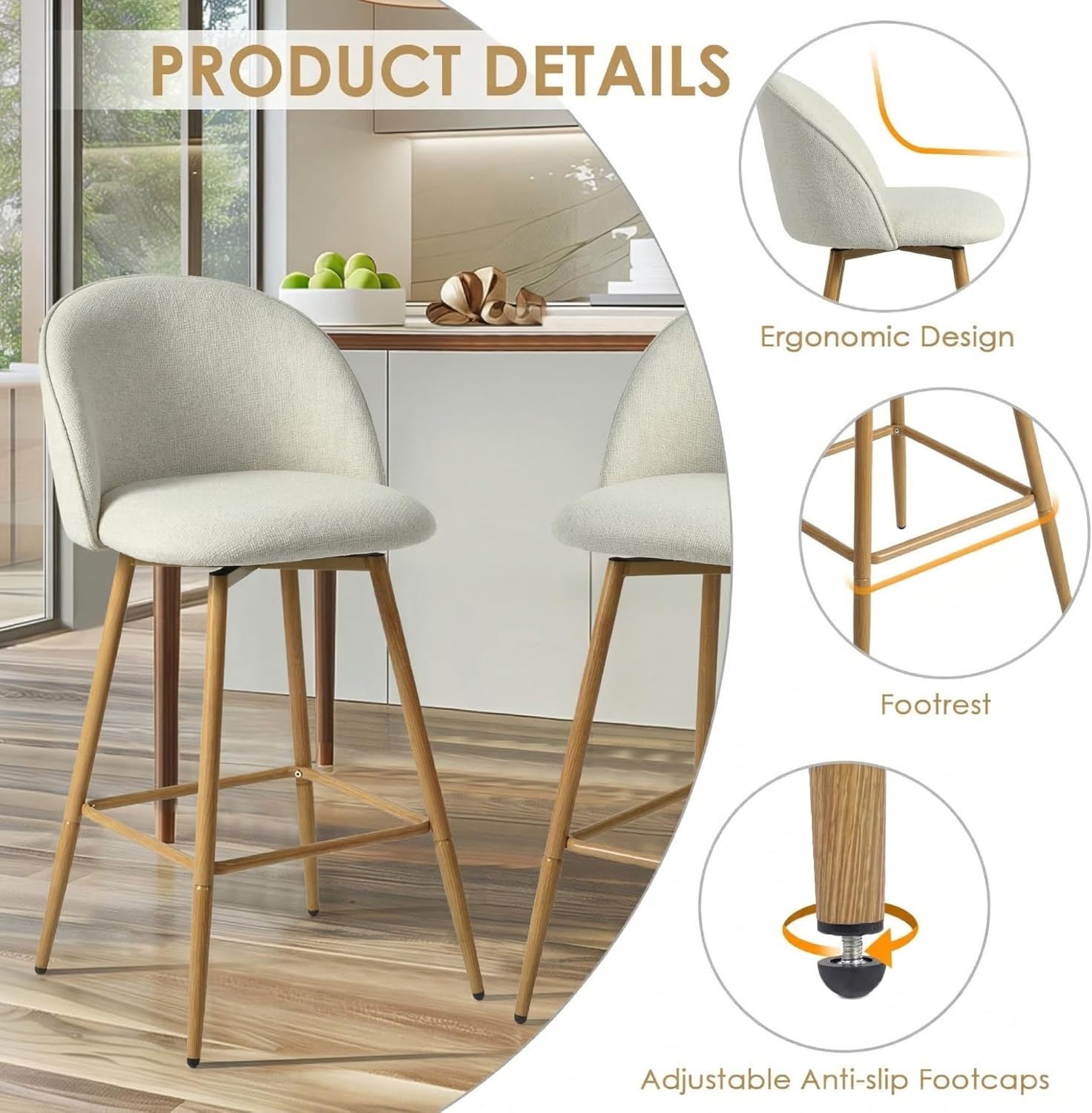 Homy Casa Set of 2 Swivel Counter Height Bar Stools with Ergonomic Seat Footrest and 26 Inch Seat Height for Kitchen Island Dining Room and Home Bar, Beige
