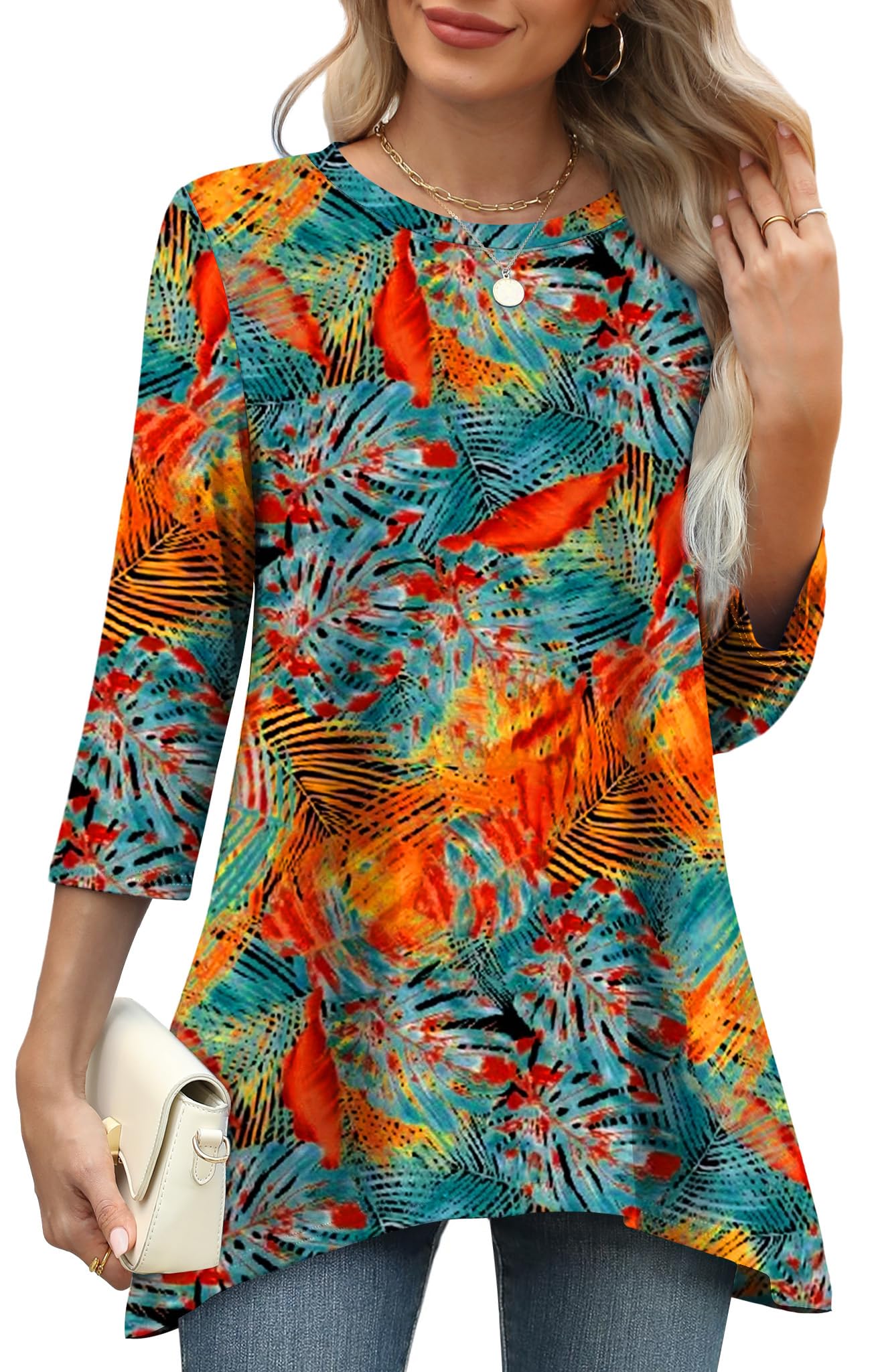 OFEEFAN Tunic Tops for Women Loose Fit Dressy 3/4 Length Sleeve Womens Tops with Asymmetrical Hem S-4XL