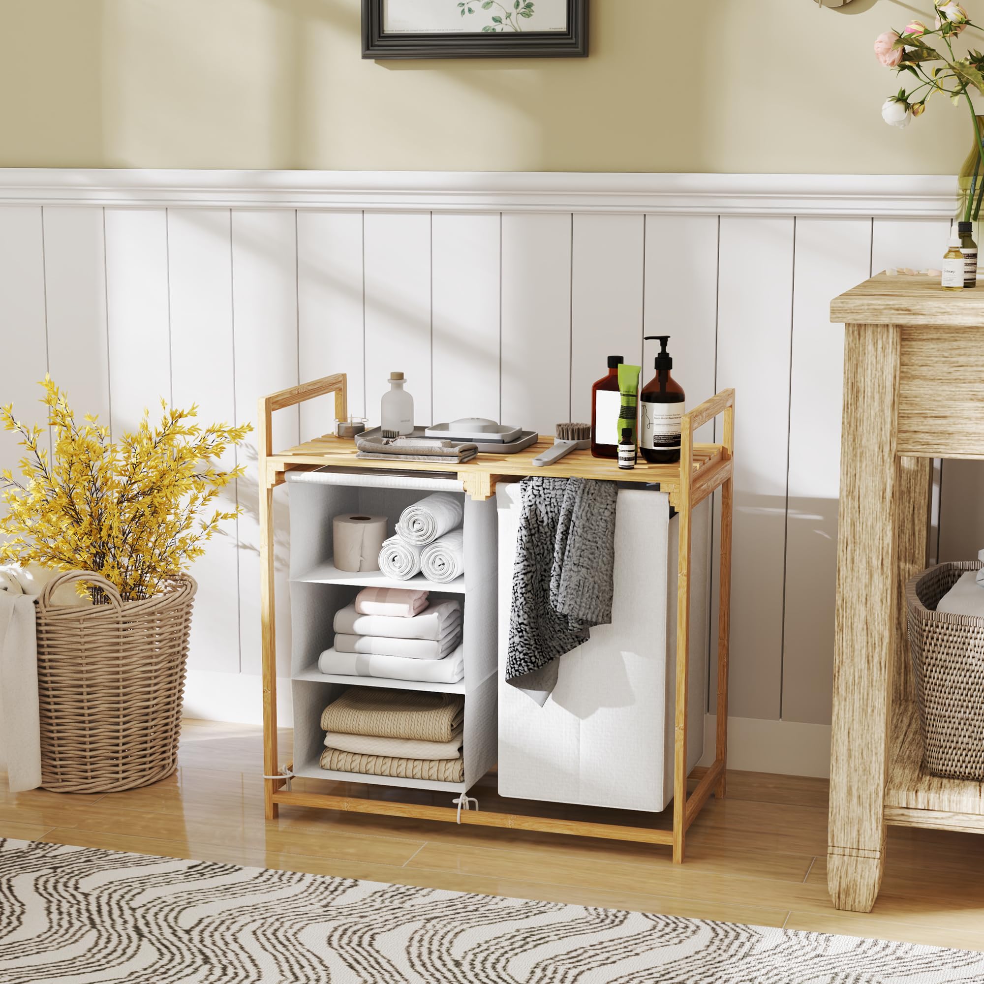 HOMCOM Wäschekorb 4 Fächer Bambus 83L mit Ablage Griff 70 x 36 x 70 cm Weiß | 2 Ausziehbare & Abnehmbare Wäschesäcke aus Vliesstoff, Wäschesammler, Wäschebox, Wäschesortierer