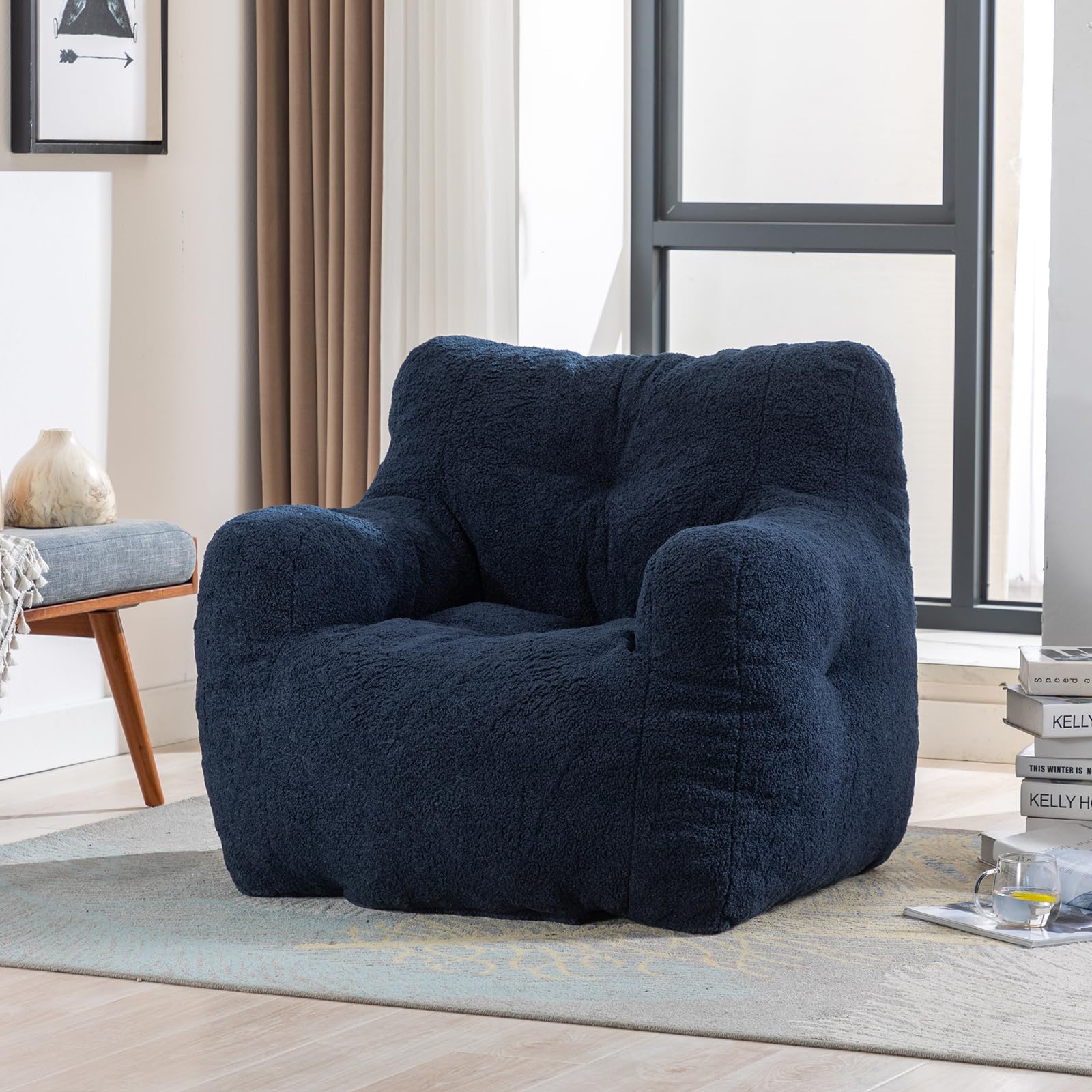 COCONINO WJ Bean Bag Chair, Adult Bean Bag Chair for Living Room, Big Beanbag Chair, Comfy Stuffed Beanbag Chair for Adults with Filling (Teddy Fabric in Dark Blue)
