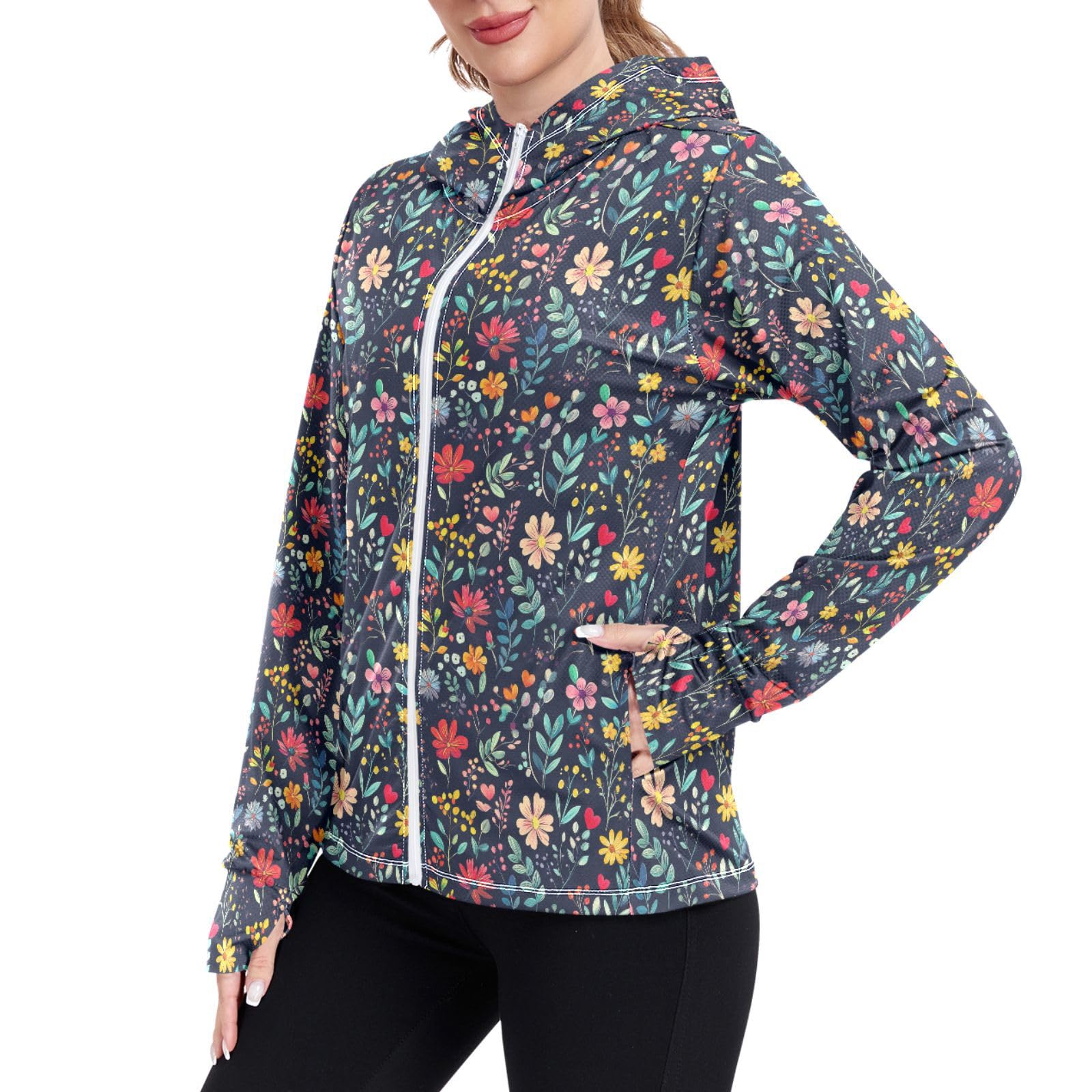 Colorful Floral in Black Sun Protection Hoodie Jacket for Women Lightweight Womens Zip Up Jackets UPF 50+
