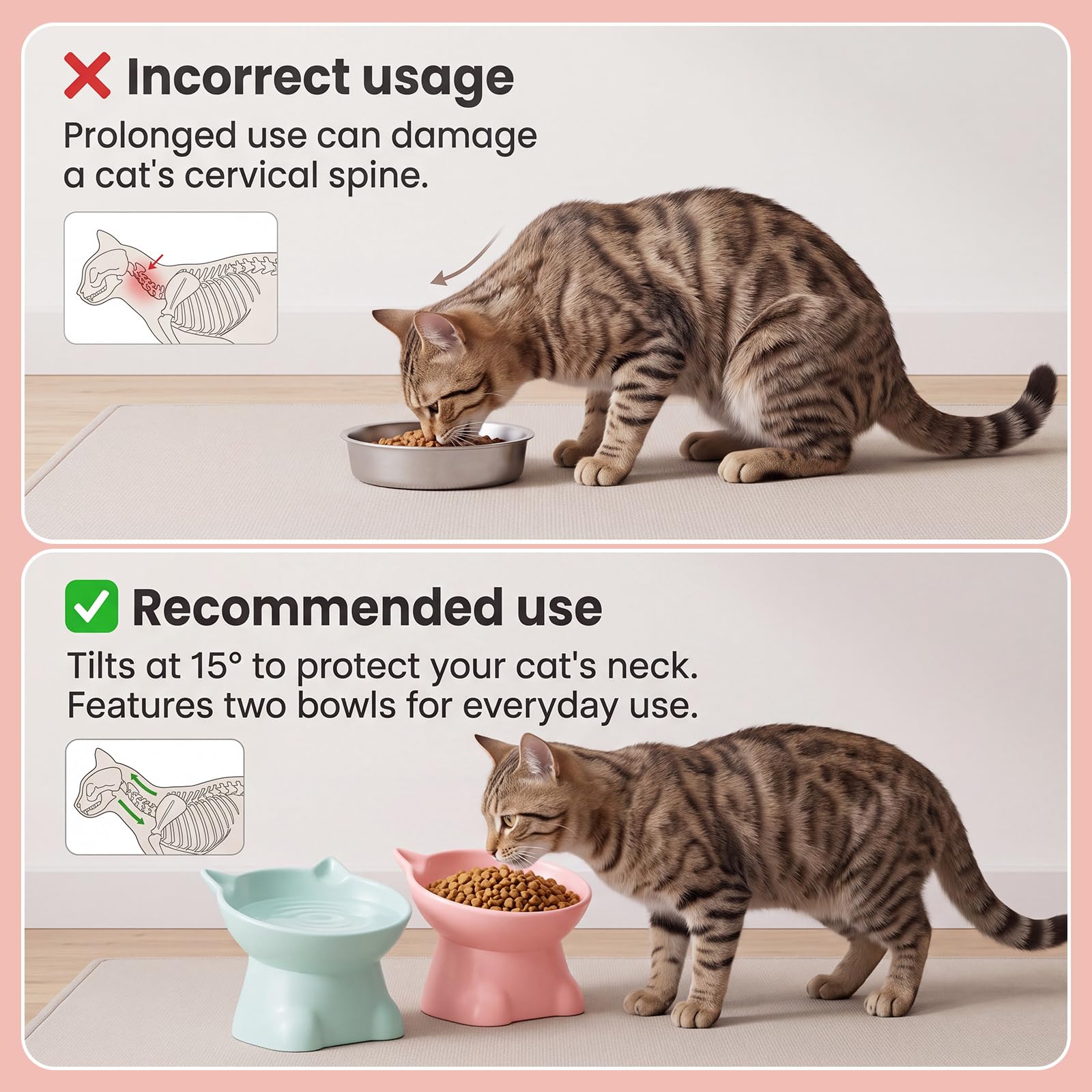 Yaomiao 2 ciotole in plastica rialzate per gatti inclinate, ciotole rialzate per acqua per gatti con fiocco rialzato, accessori per gatti per cibo e acqua, gatti piccoli animali domestici, rosa e
